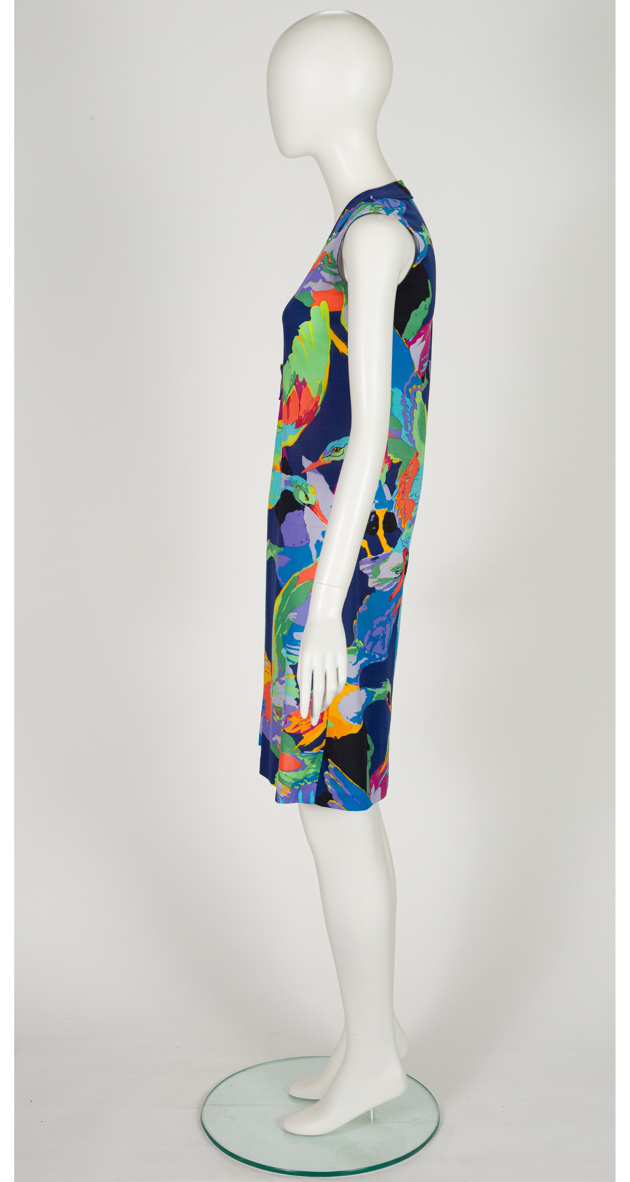 1970s Flying Bird Print Jersey Sleeveless Shift Dress