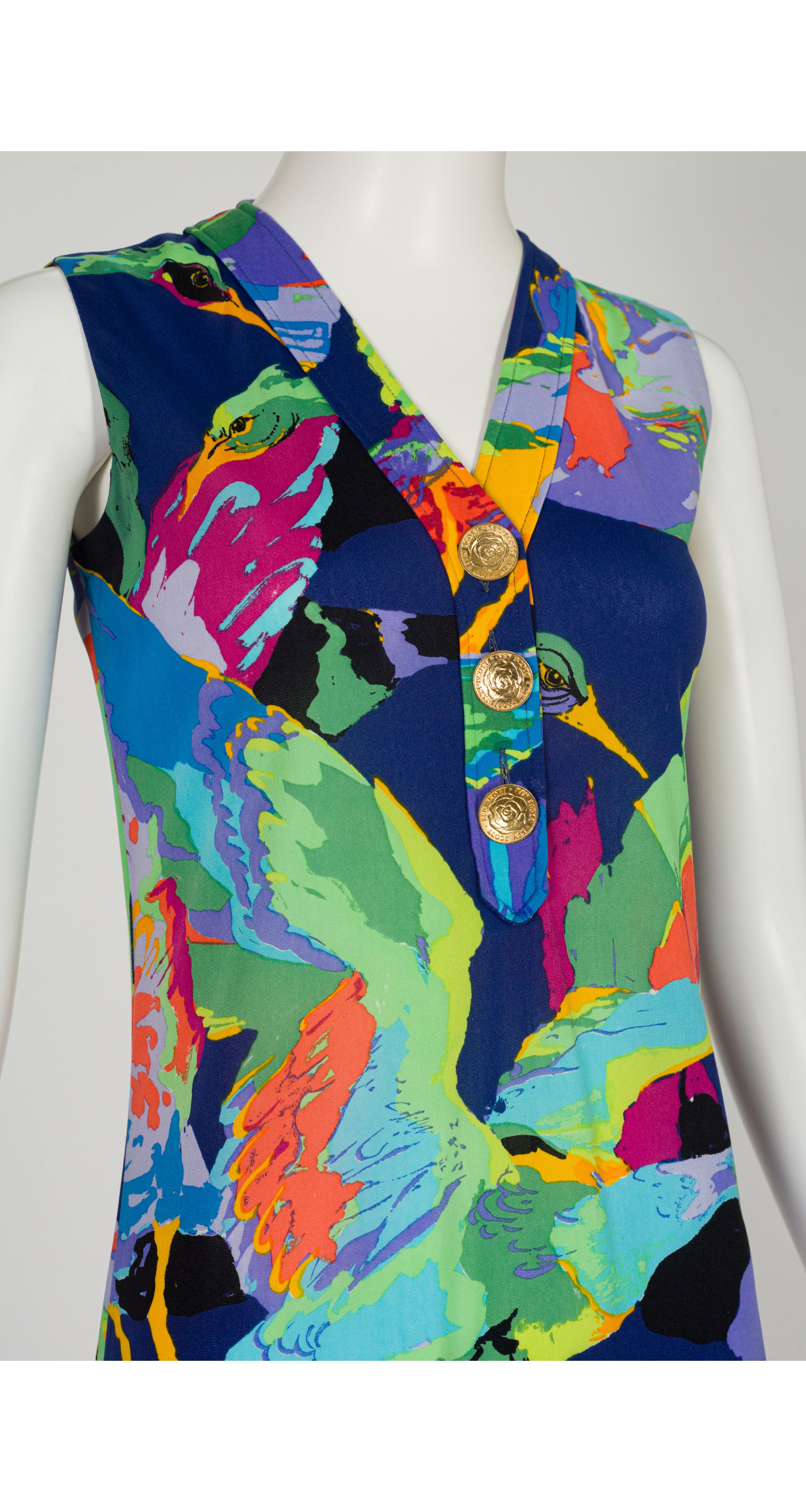 1970s Flying Bird Print Jersey Sleeveless Shift Dress
