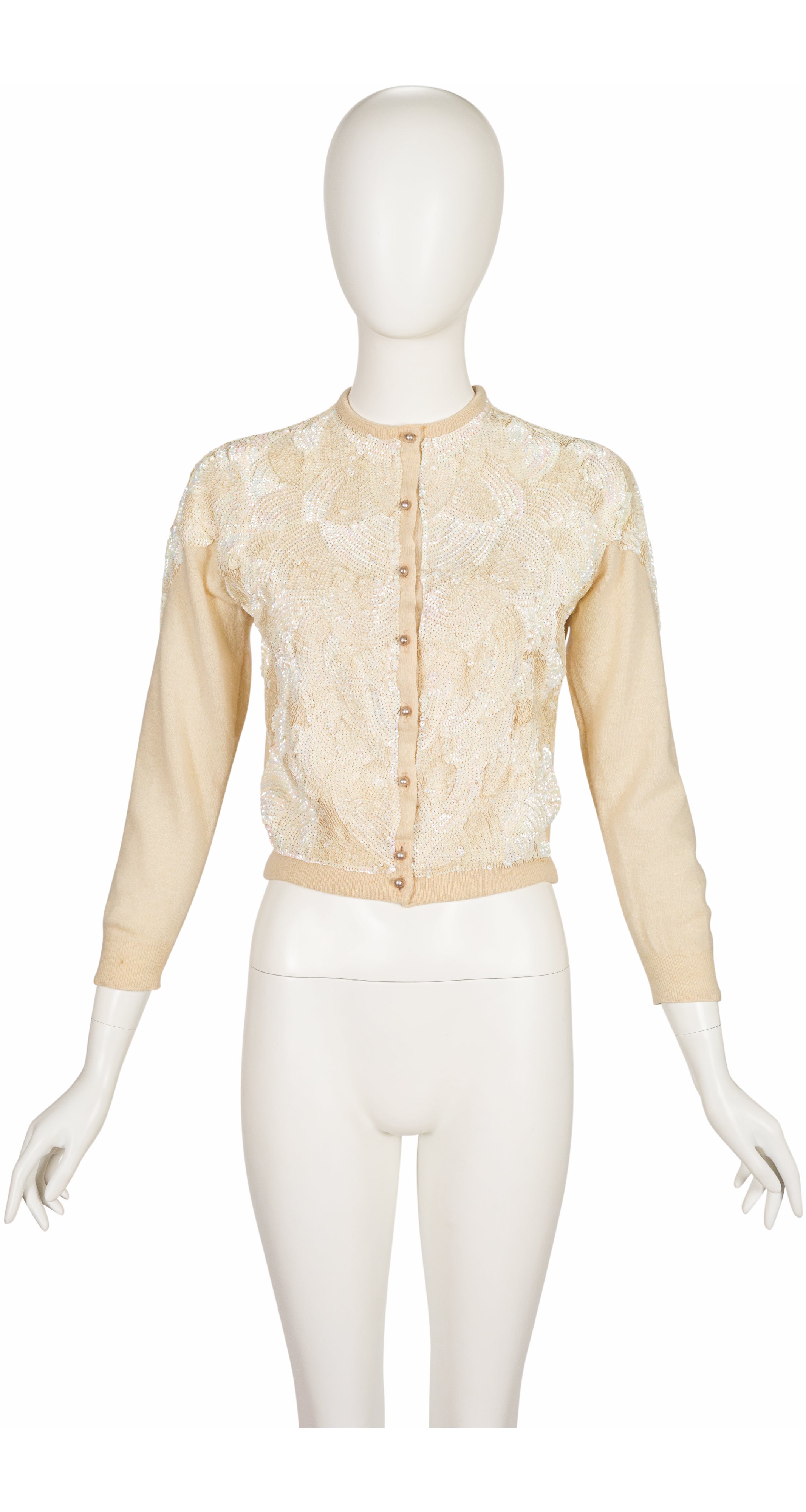 1950s Iridescent Sequin Cream Cashmere Cardigan