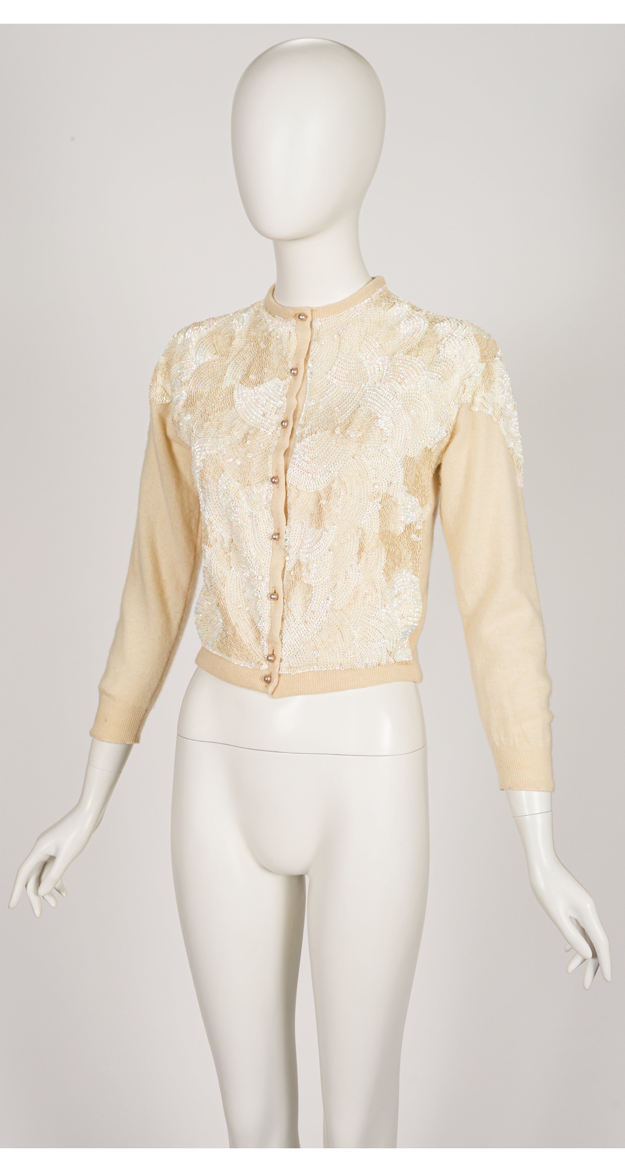 1950s Iridescent Sequin Cream Cashmere Cardigan