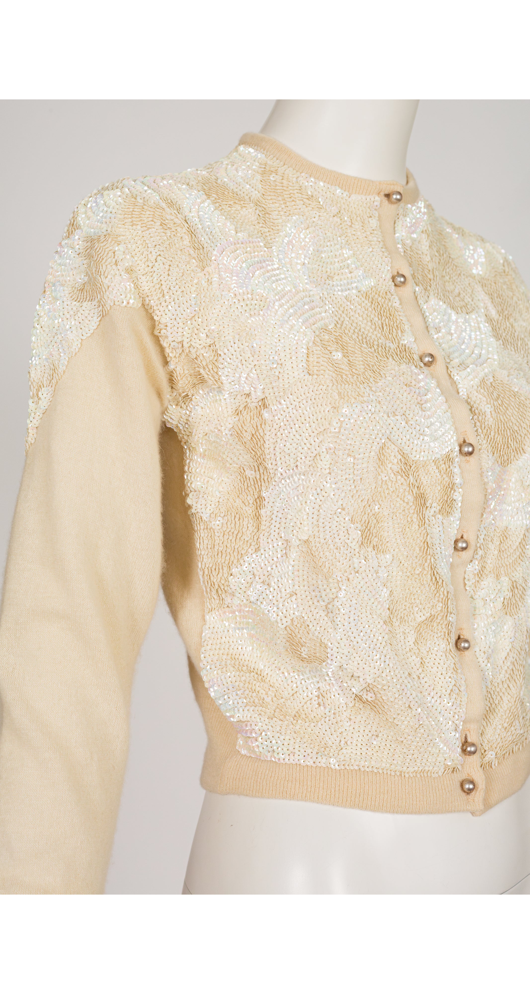 1950s Iridescent Sequin Cream Cashmere Cardigan