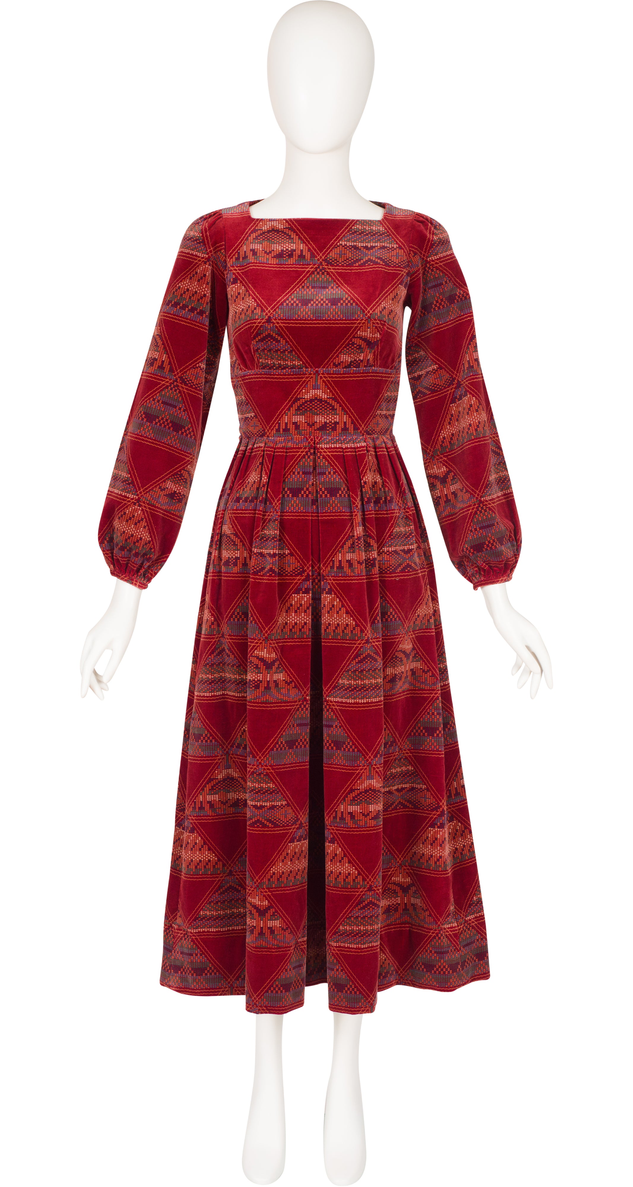 1975 Geometric Print Red Cotton Velvet Dress