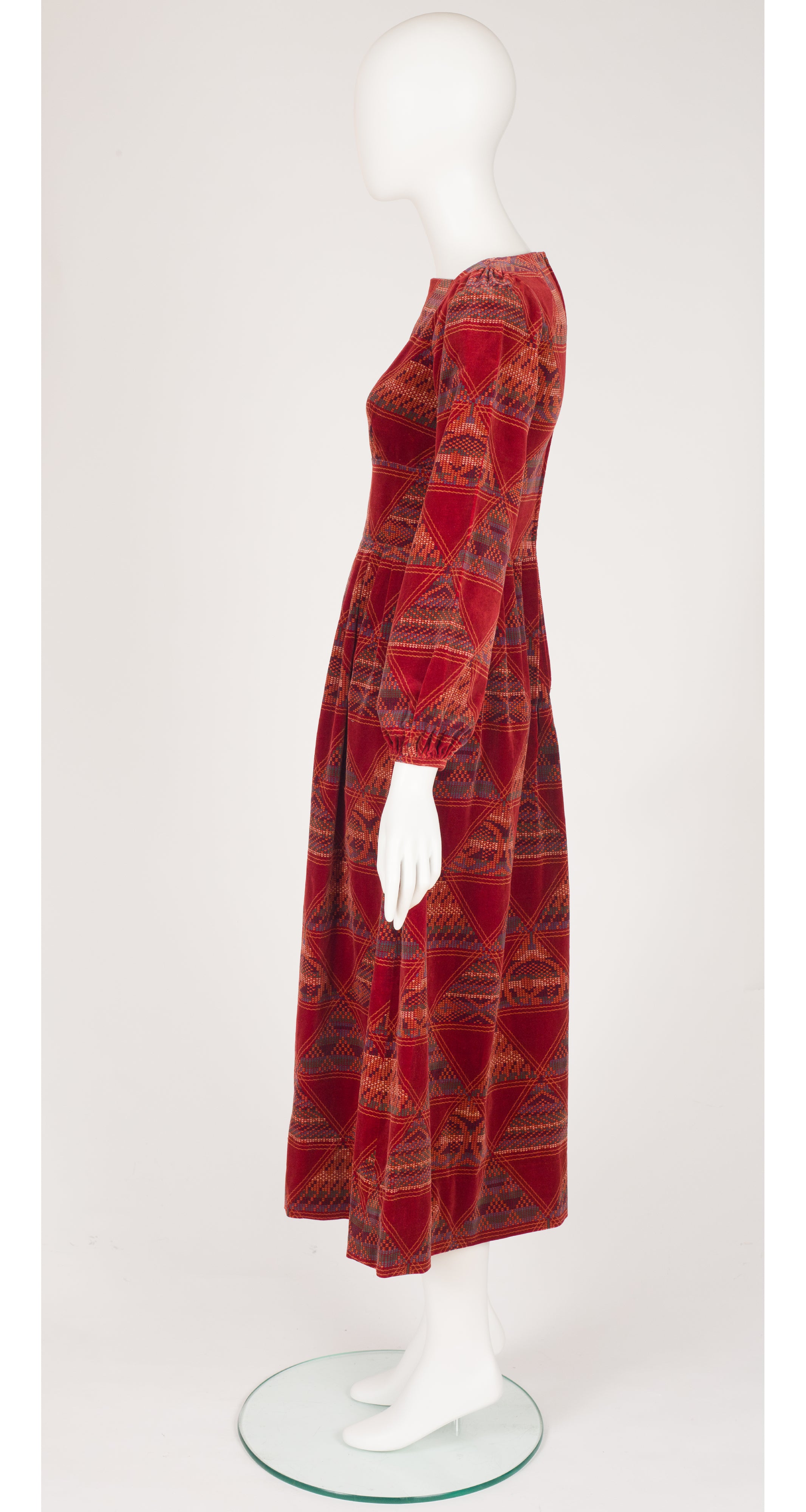 1975 Geometric Print Red Cotton Velvet Dress