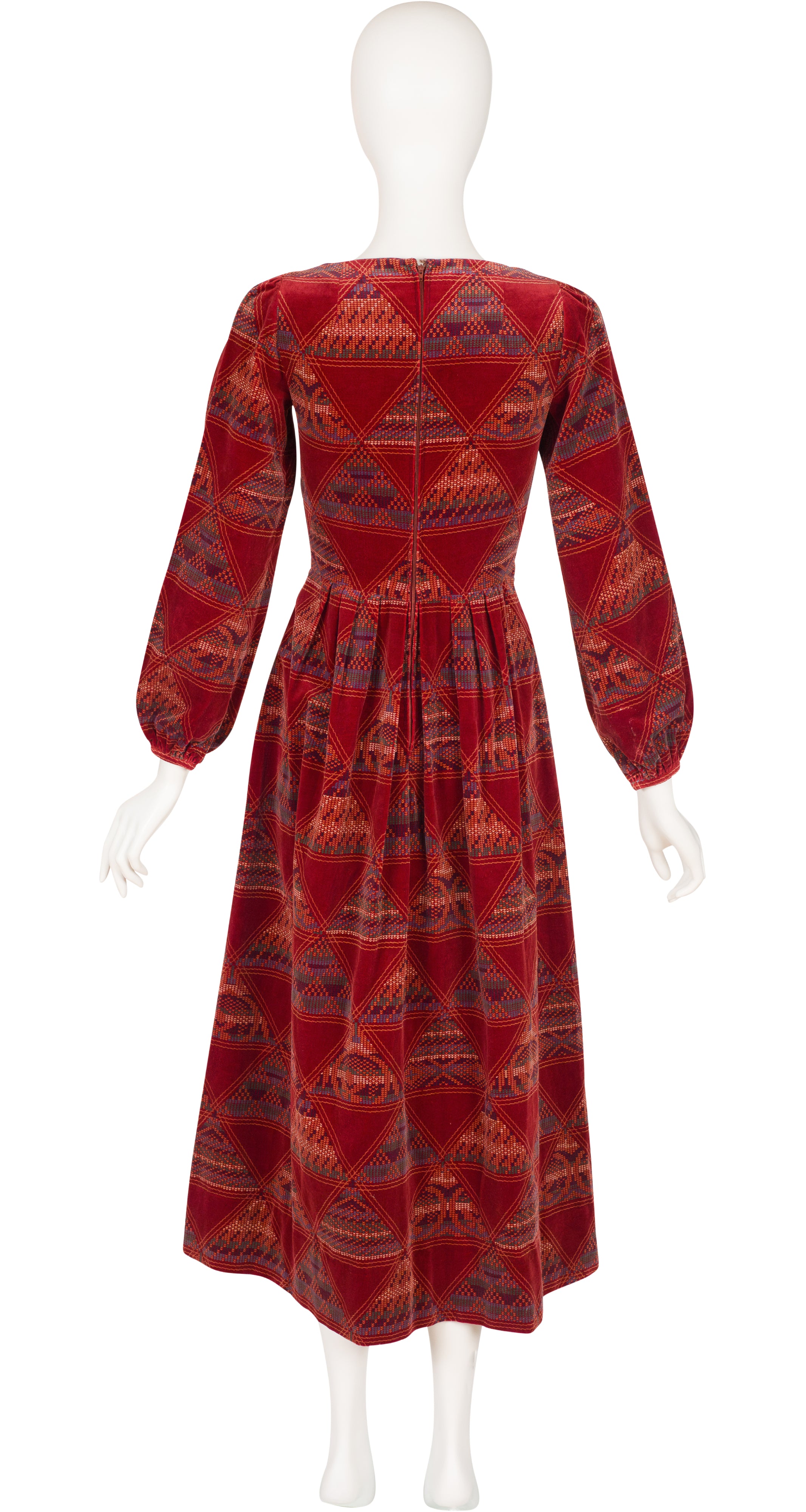 1975 Geometric Print Red Cotton Velvet Dress
