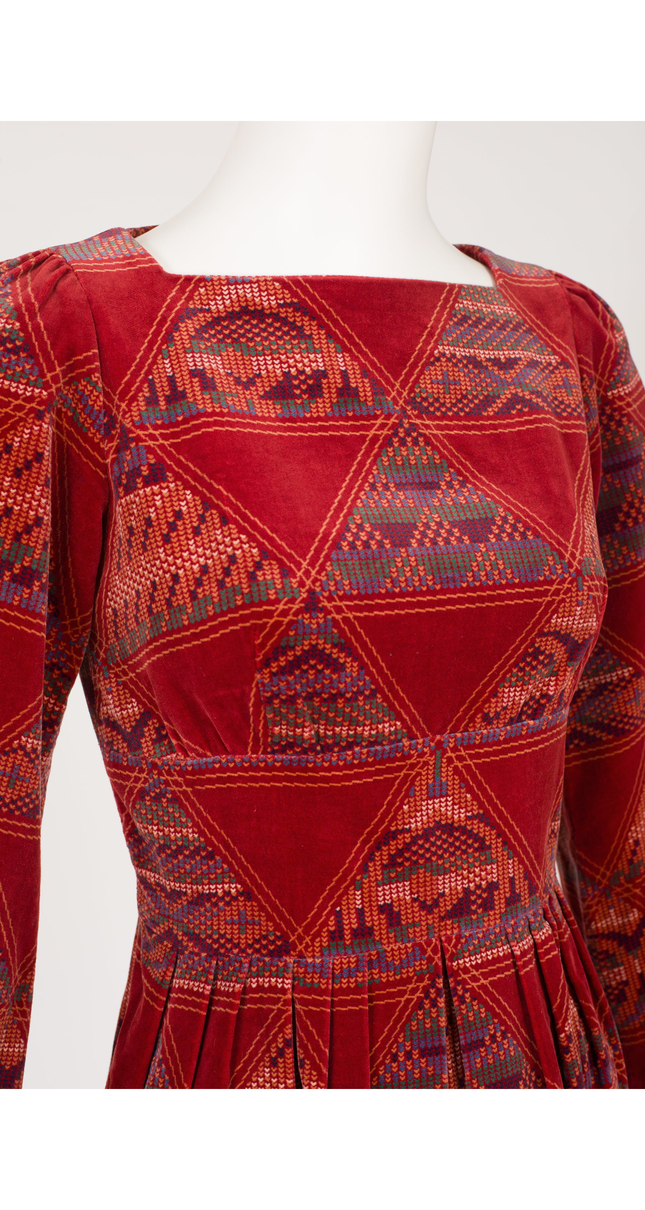 1975 Geometric Print Red Cotton Velvet Dress