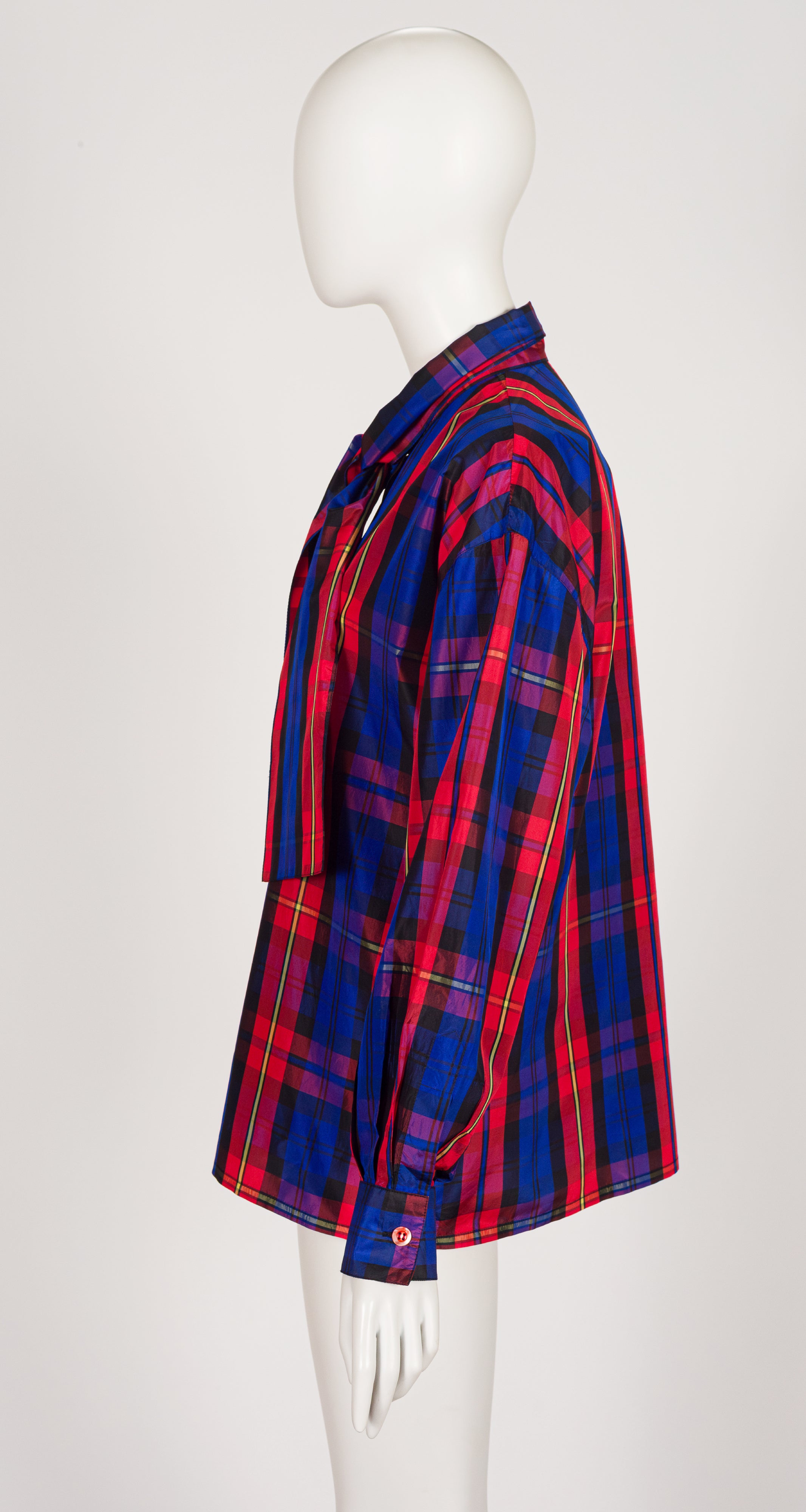 1992 F/W Blue & Red Plaid Silk Taffeta Tie-Neck Blouse