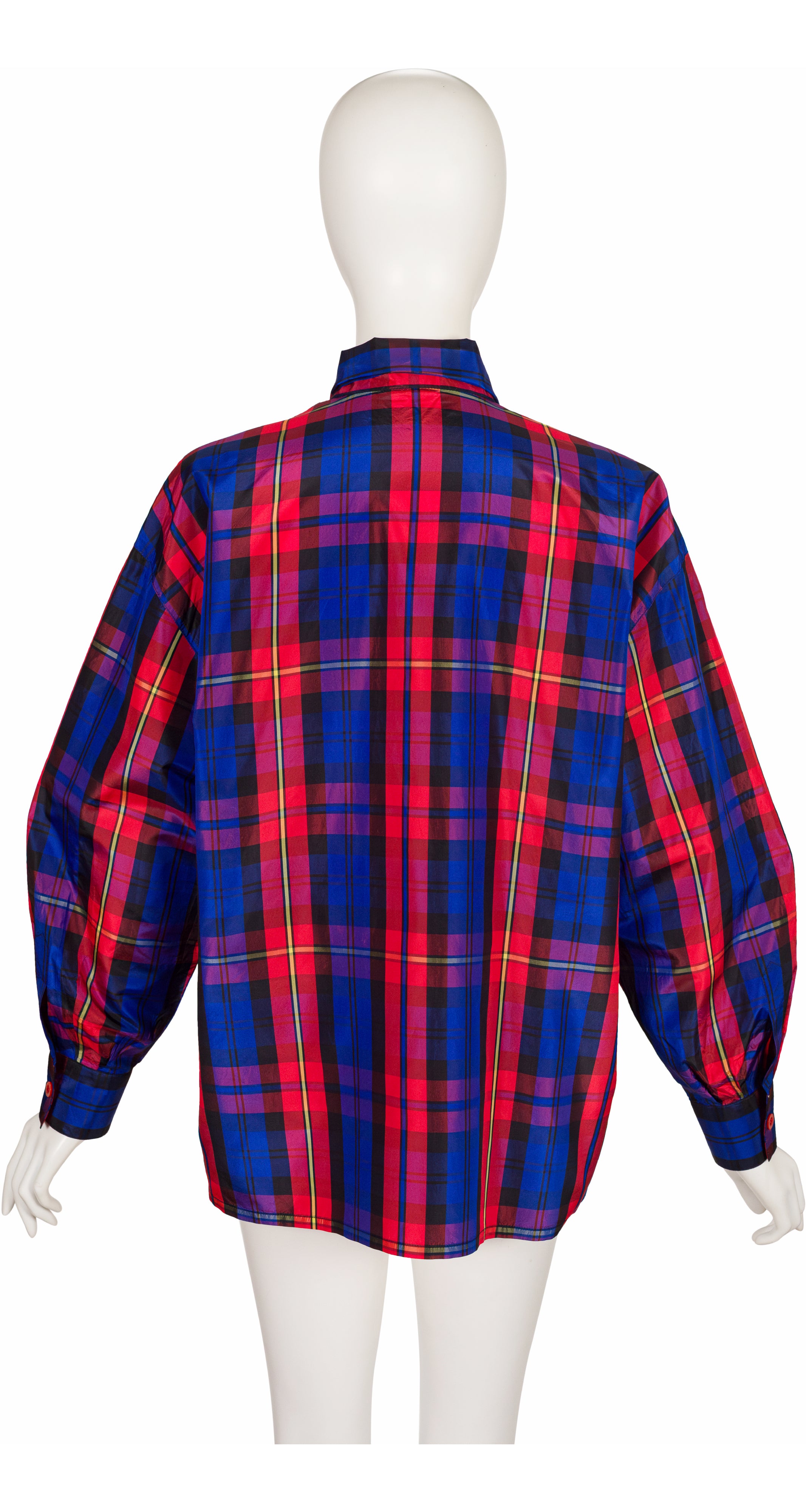 1992 F/W Blue & Red Plaid Silk Taffeta Tie-Neck Blouse