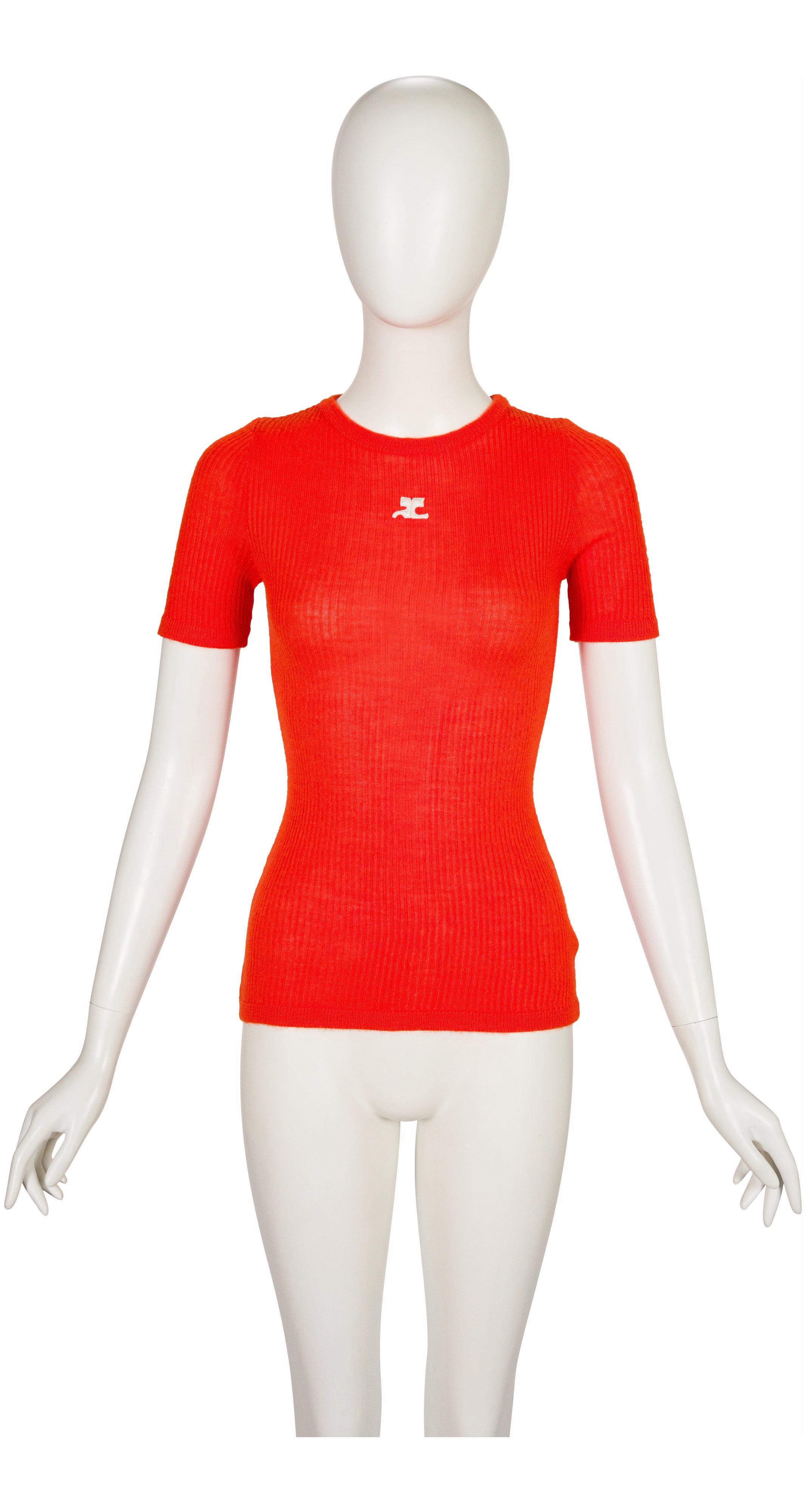 1970s Logo Orange Ribbed Knit Short Sleeve Top