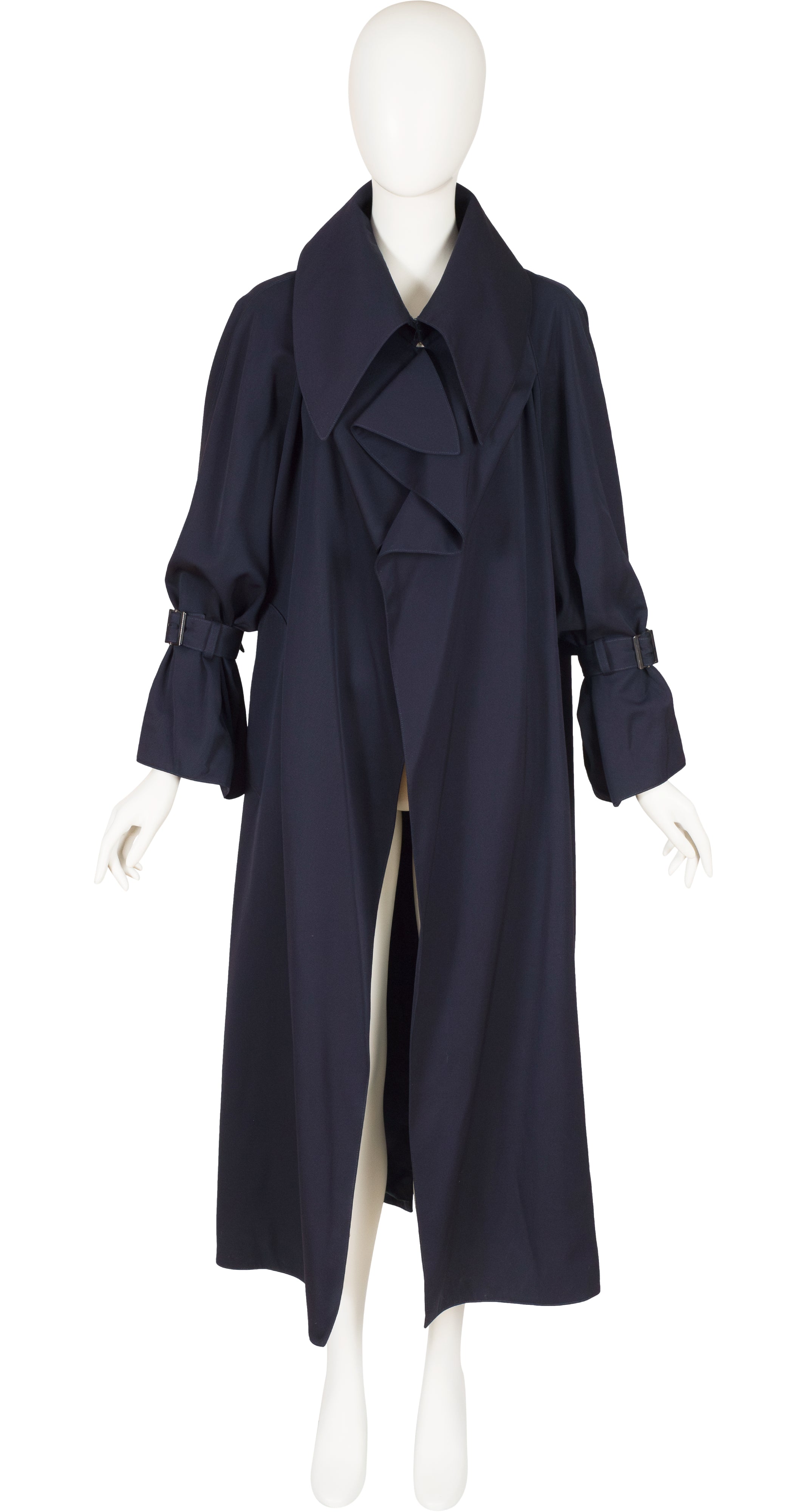 1980s Navy Wool Gabardine Pointed Collar Trench Coat