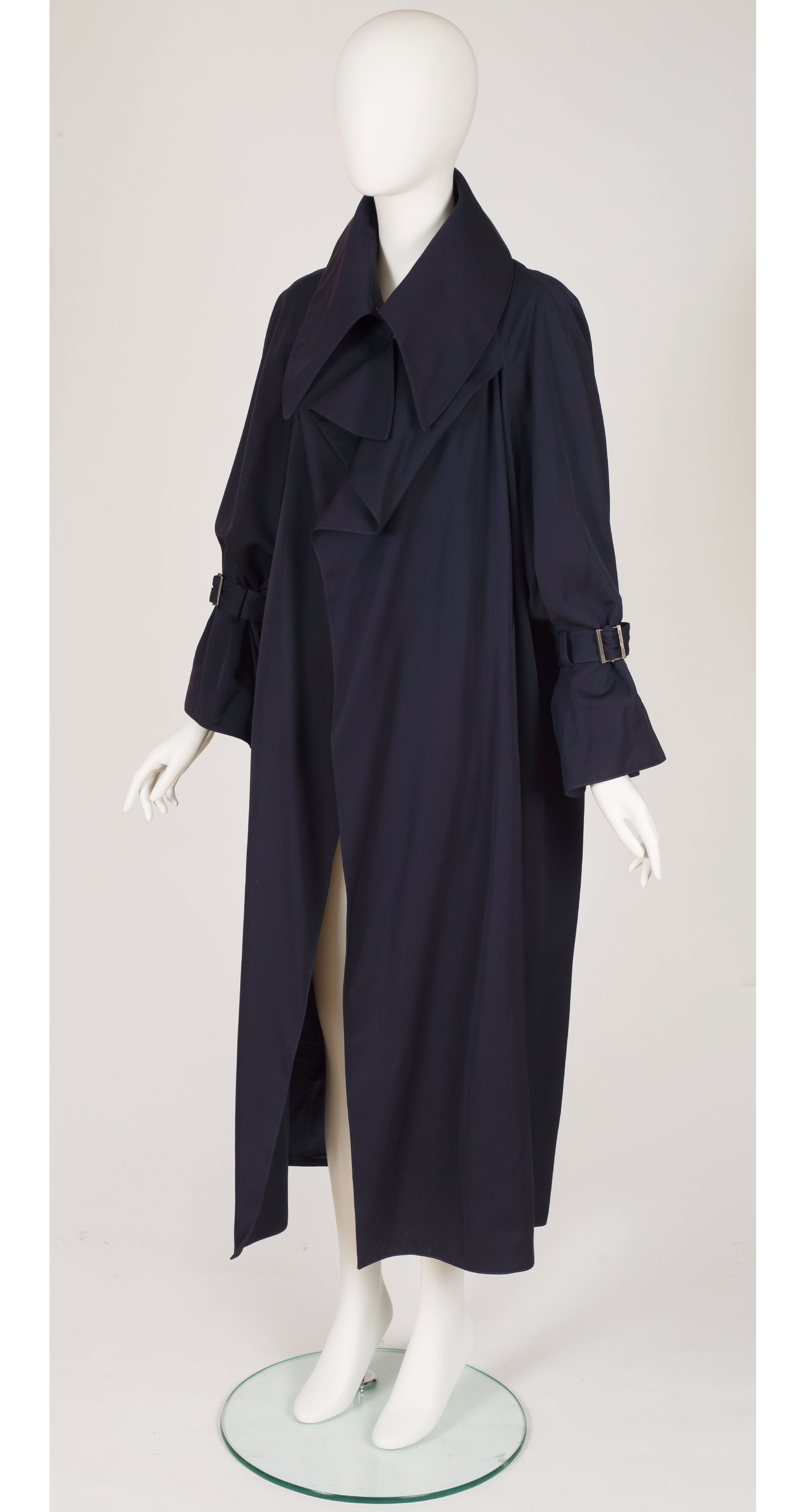1980s Navy Wool Gabardine Pointed Collar Trench Coat