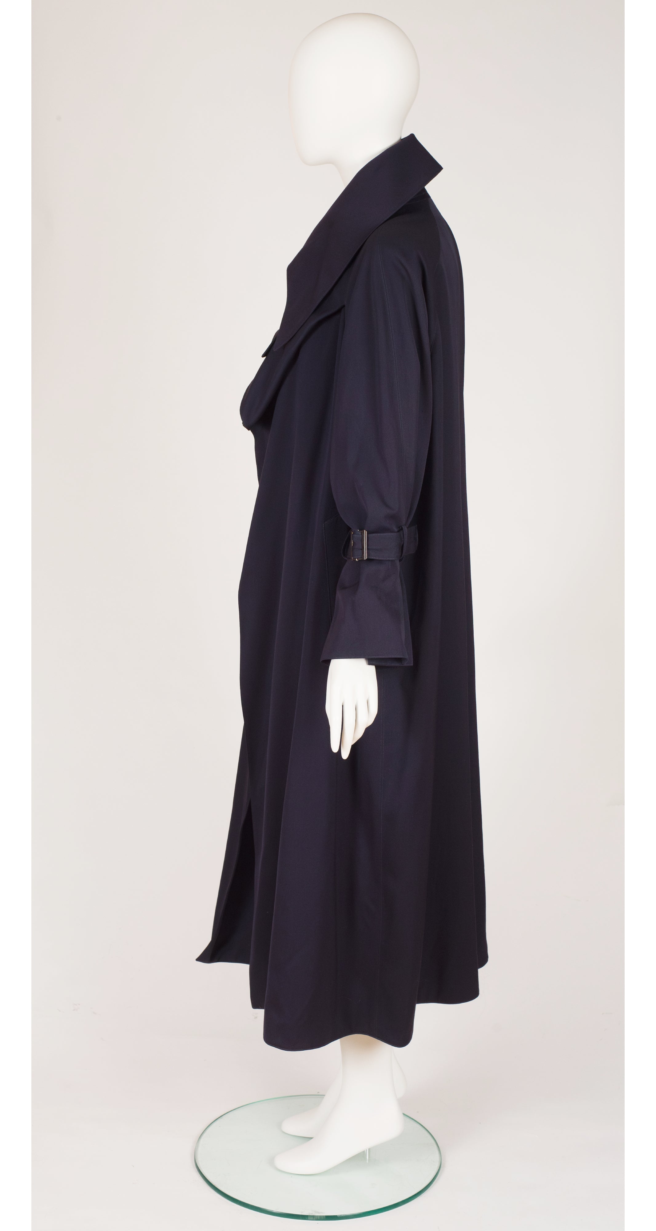 1980s Navy Wool Gabardine Pointed Collar Trench Coat