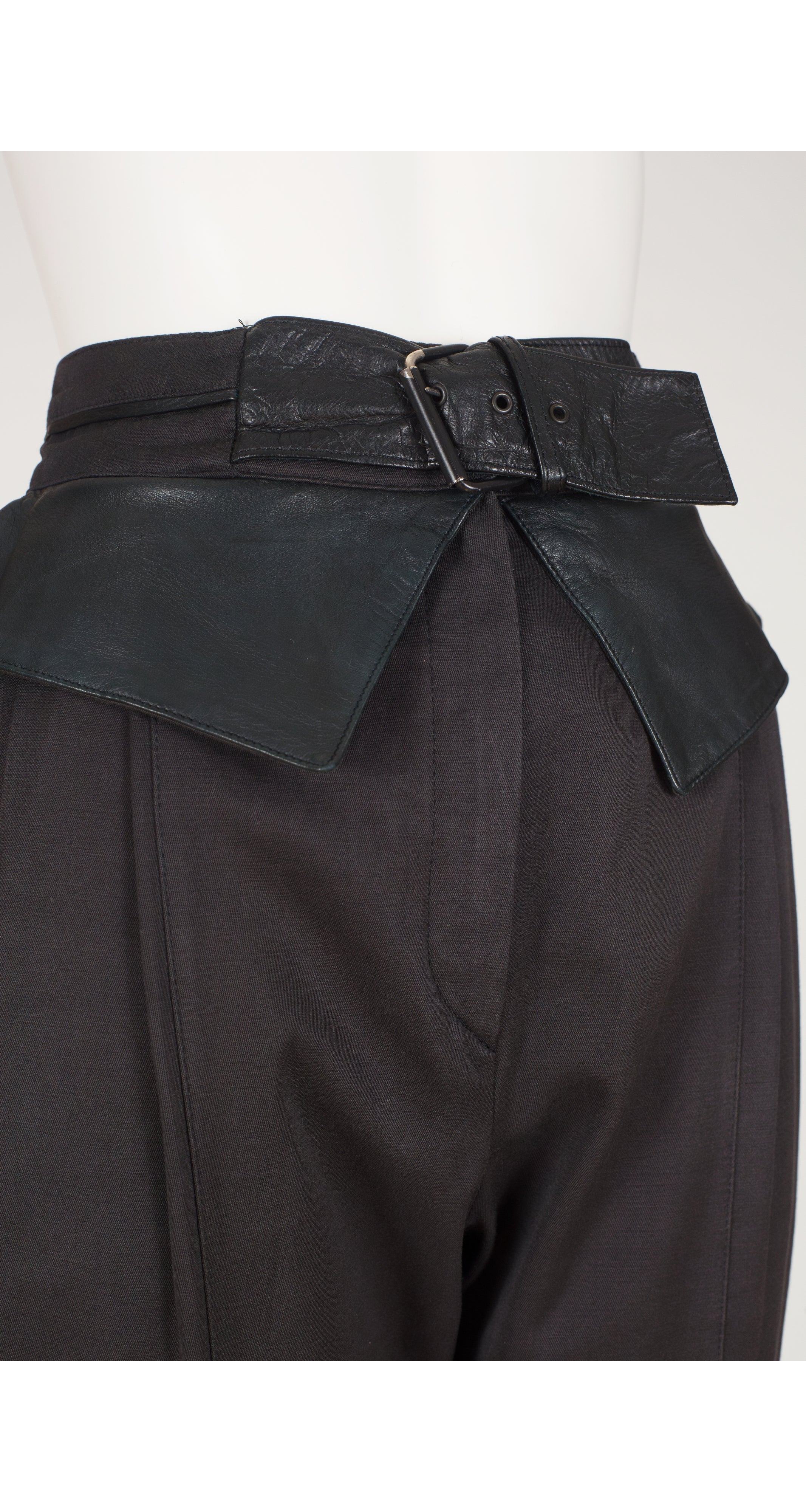 1980s Leather Waistband Black Cotton Trousers