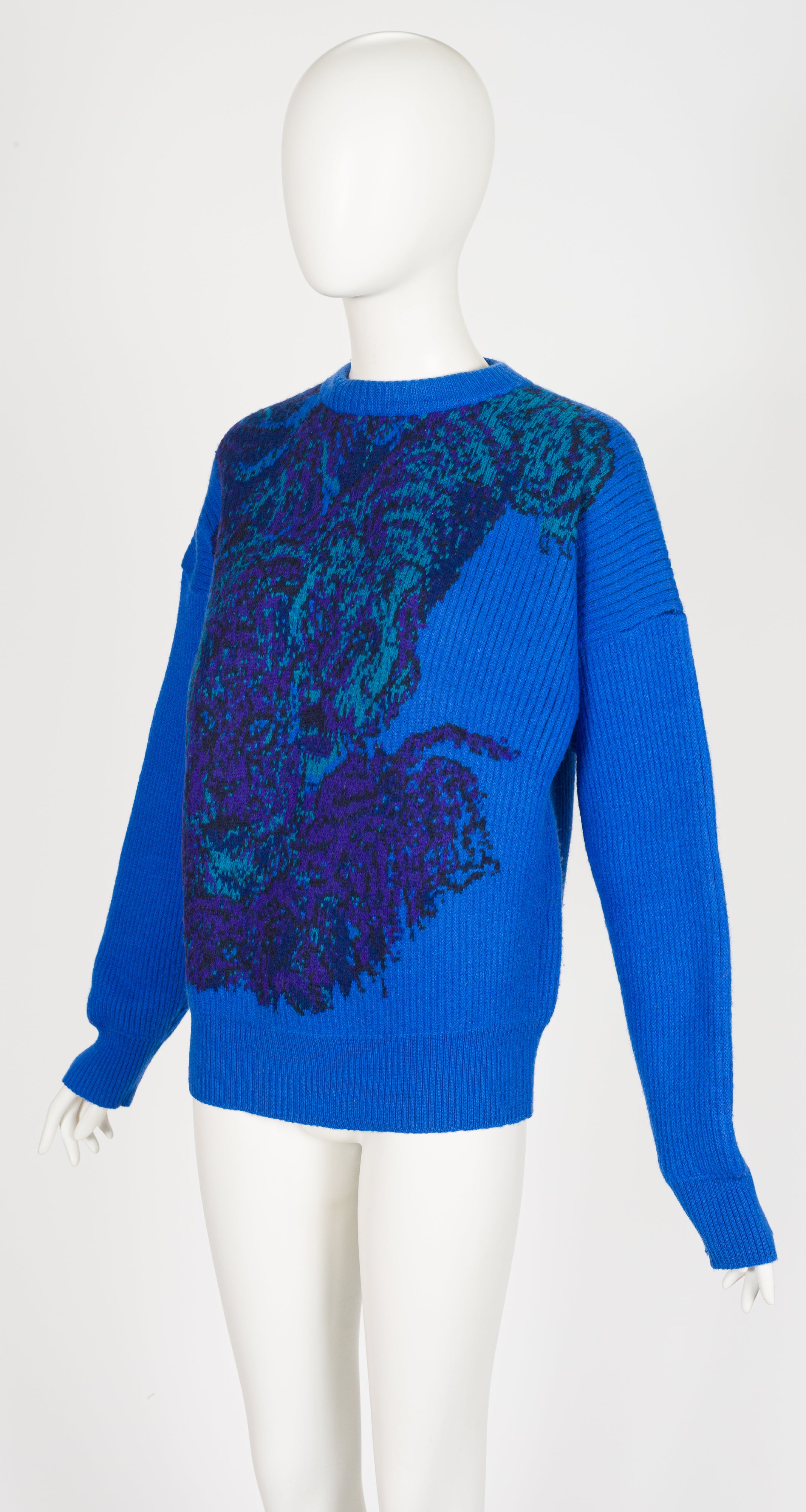 1980s Abstract Tiger Print Blue Ribbed Wool Sweater
