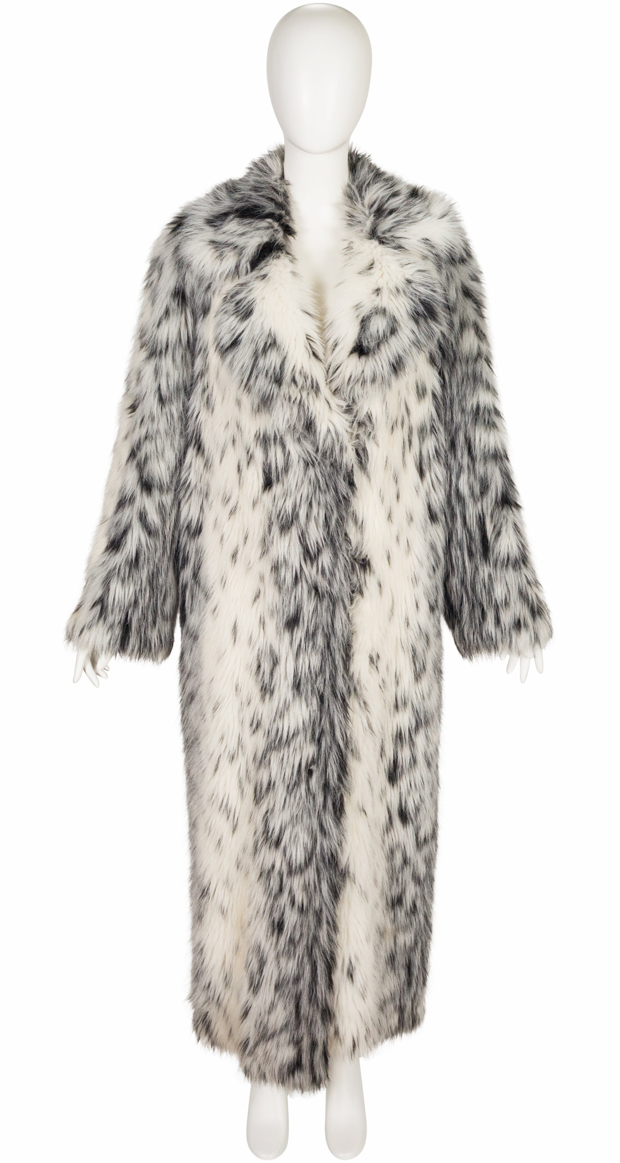 1970s faux lynx fur full-length coat on mannequin