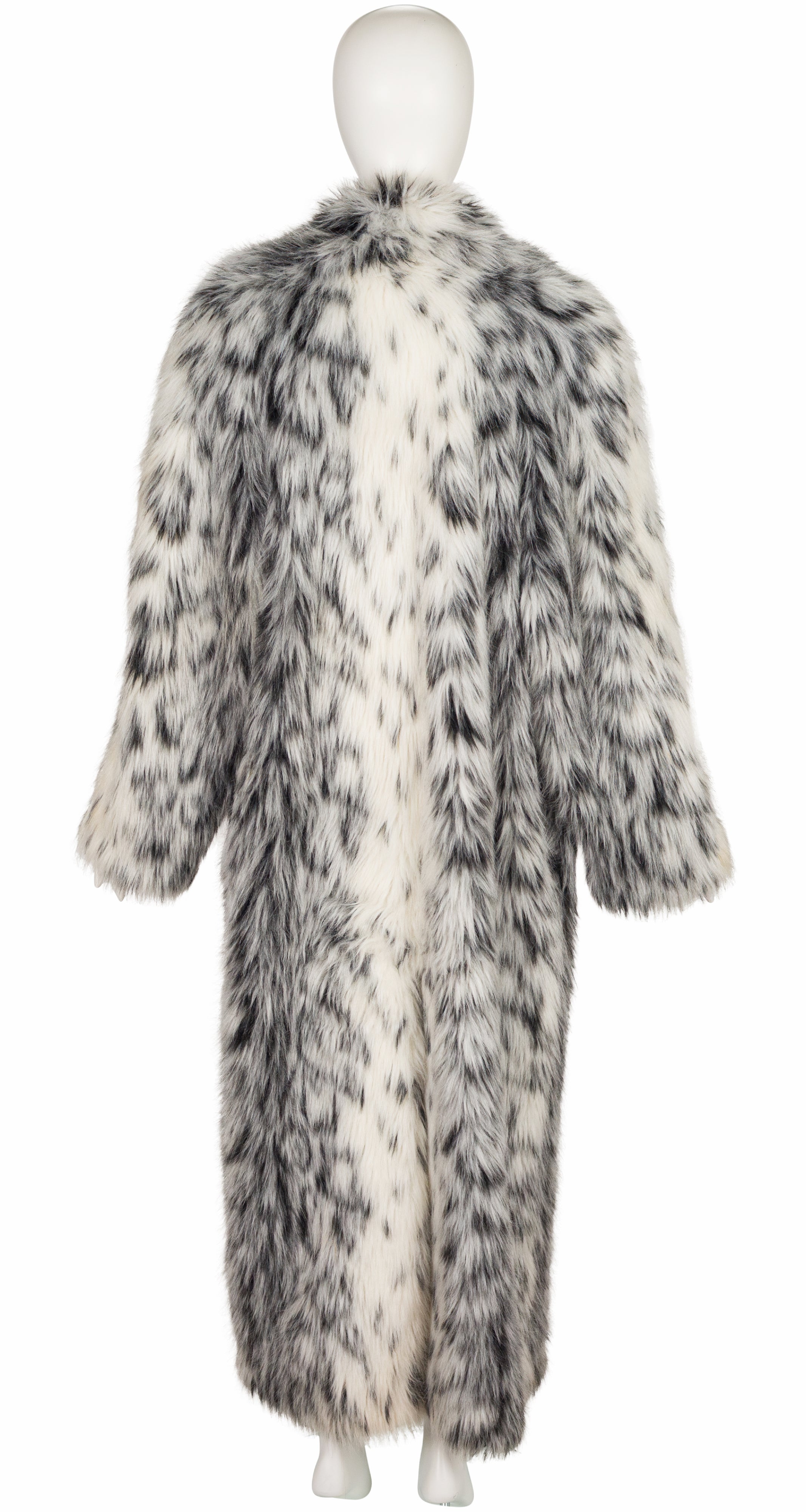 back of 1970s faux lynx fur full-length coat on mannequin