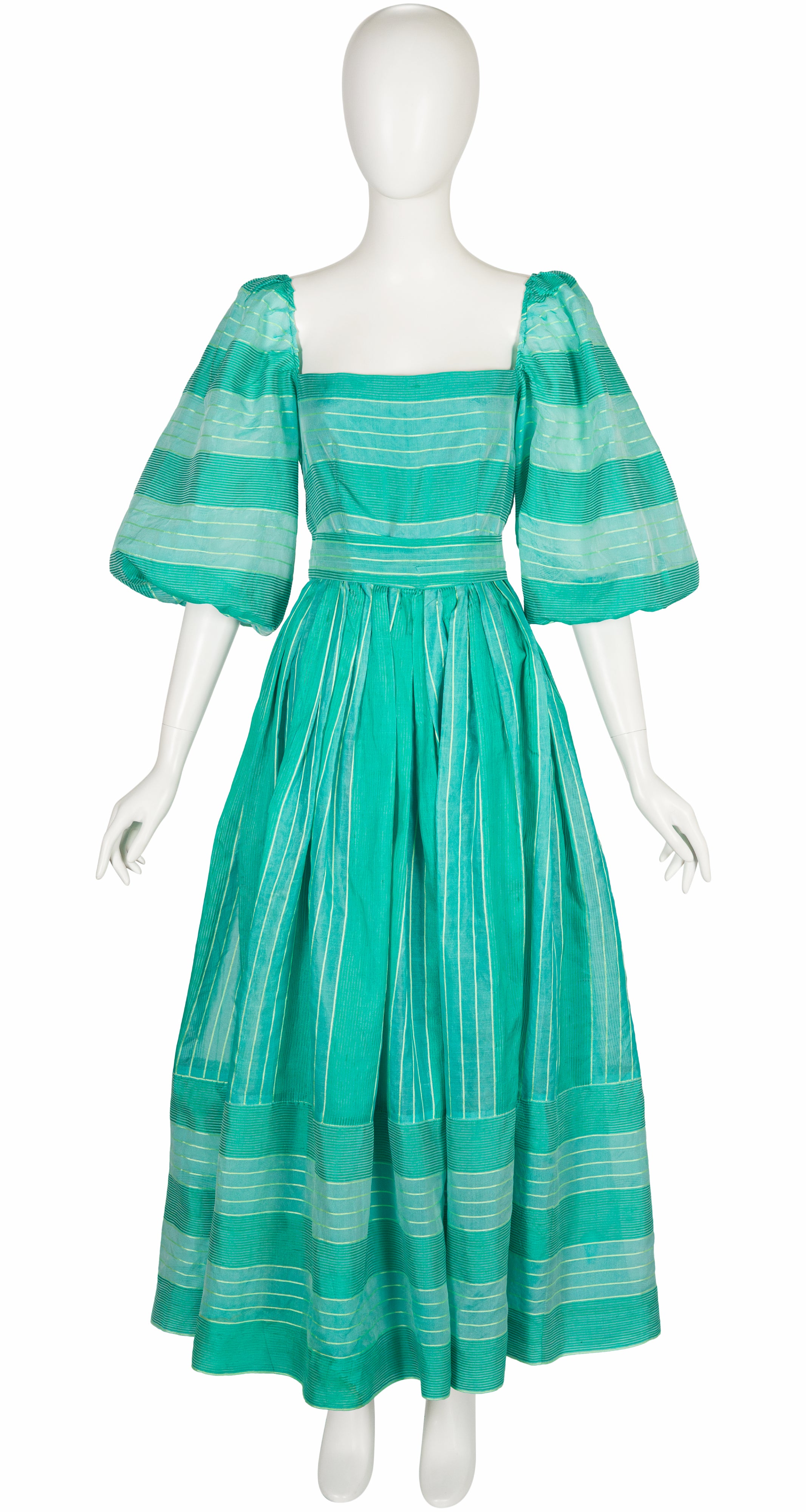 1980s Turquoise Silk Organza Puff Sleeve Gown