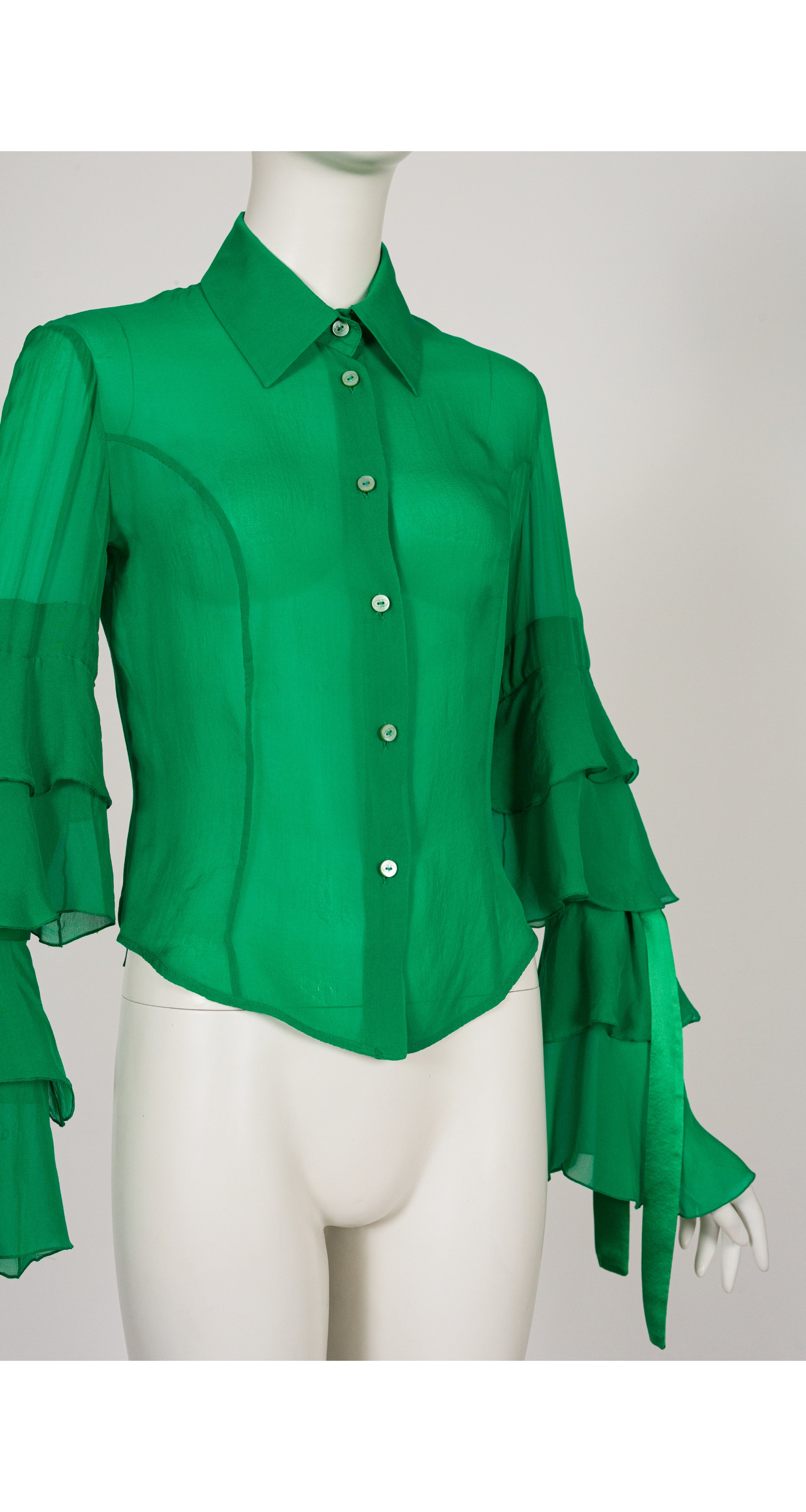 2000s Emerald Green Silk Chiffon Tiered Bow Sleeve Blouse