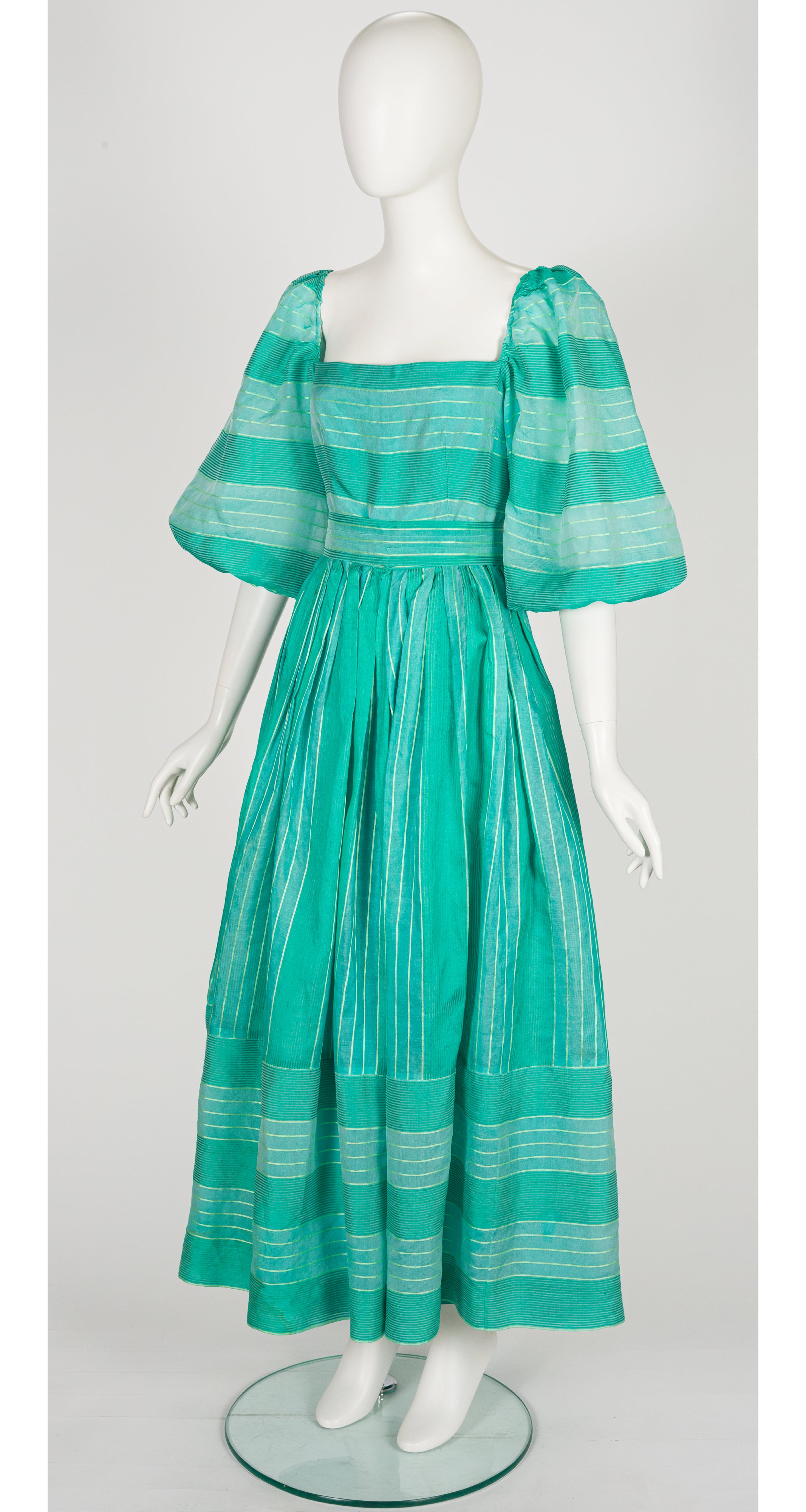 1980s Turquoise Silk Organza Puff Sleeve Gown