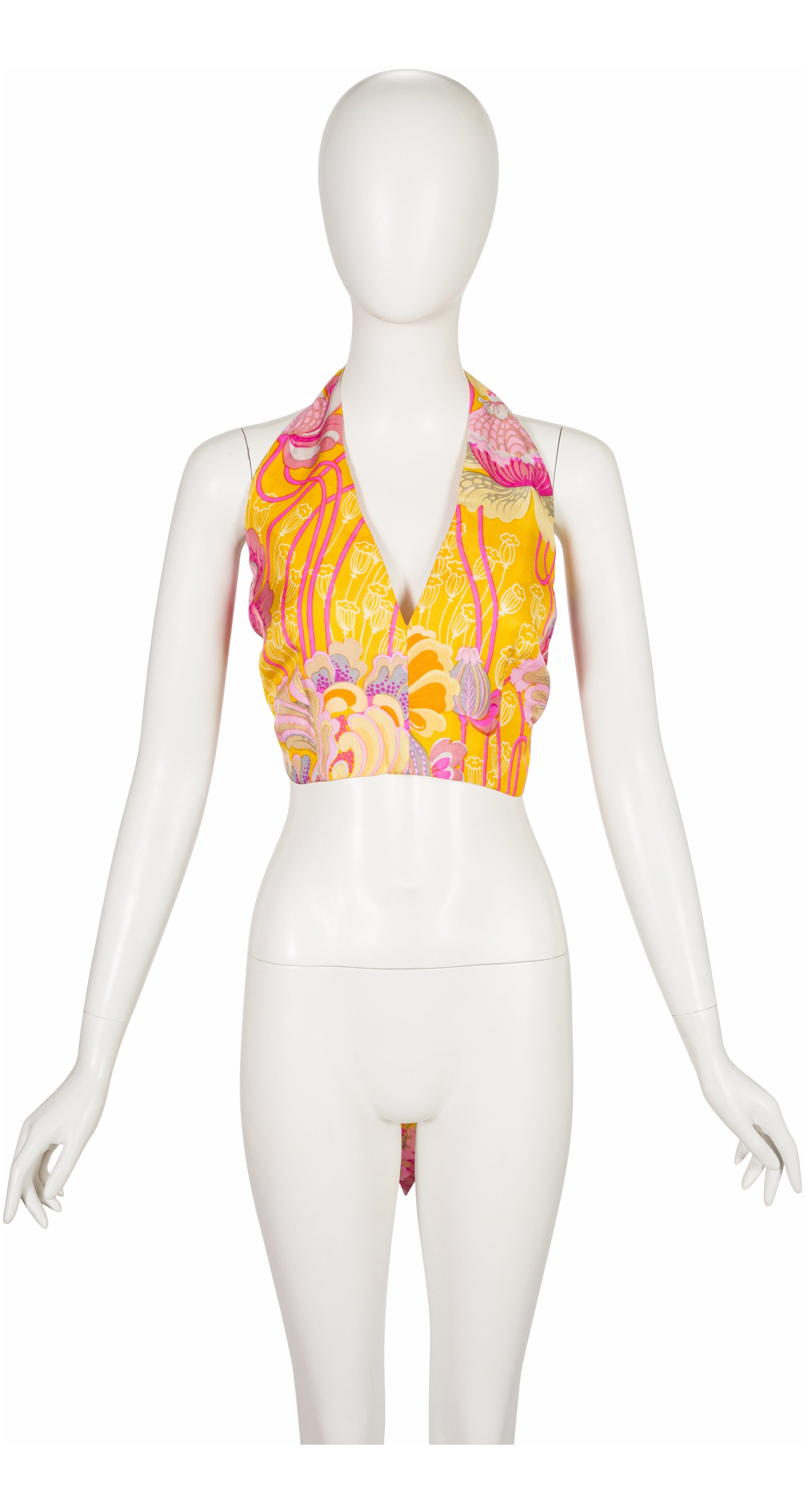 1970s Floral Print Yellow Silk Twill Halter Crop Top