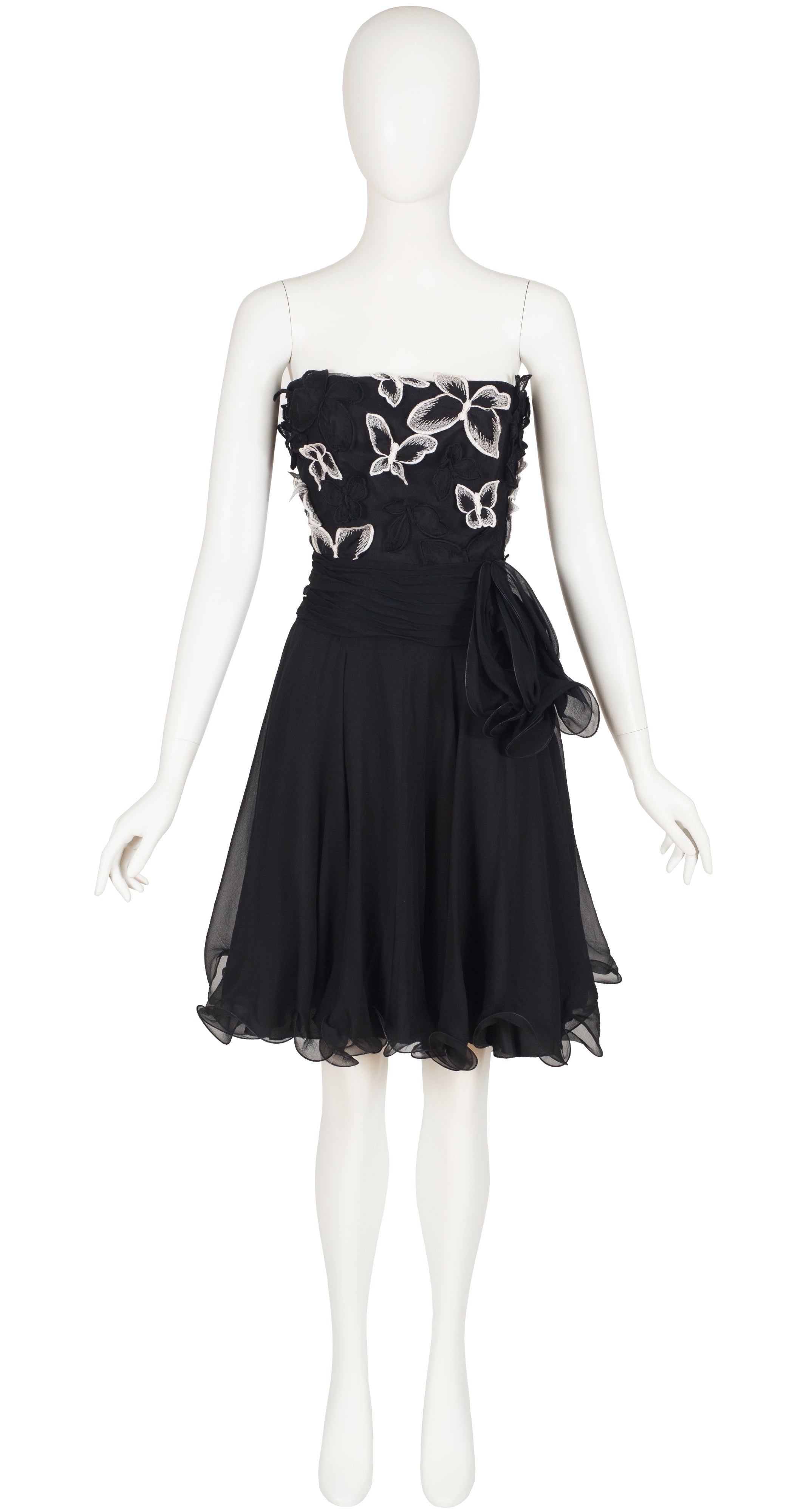1990s Butterfly Appliqué Black Silk Chiffon Party Dress