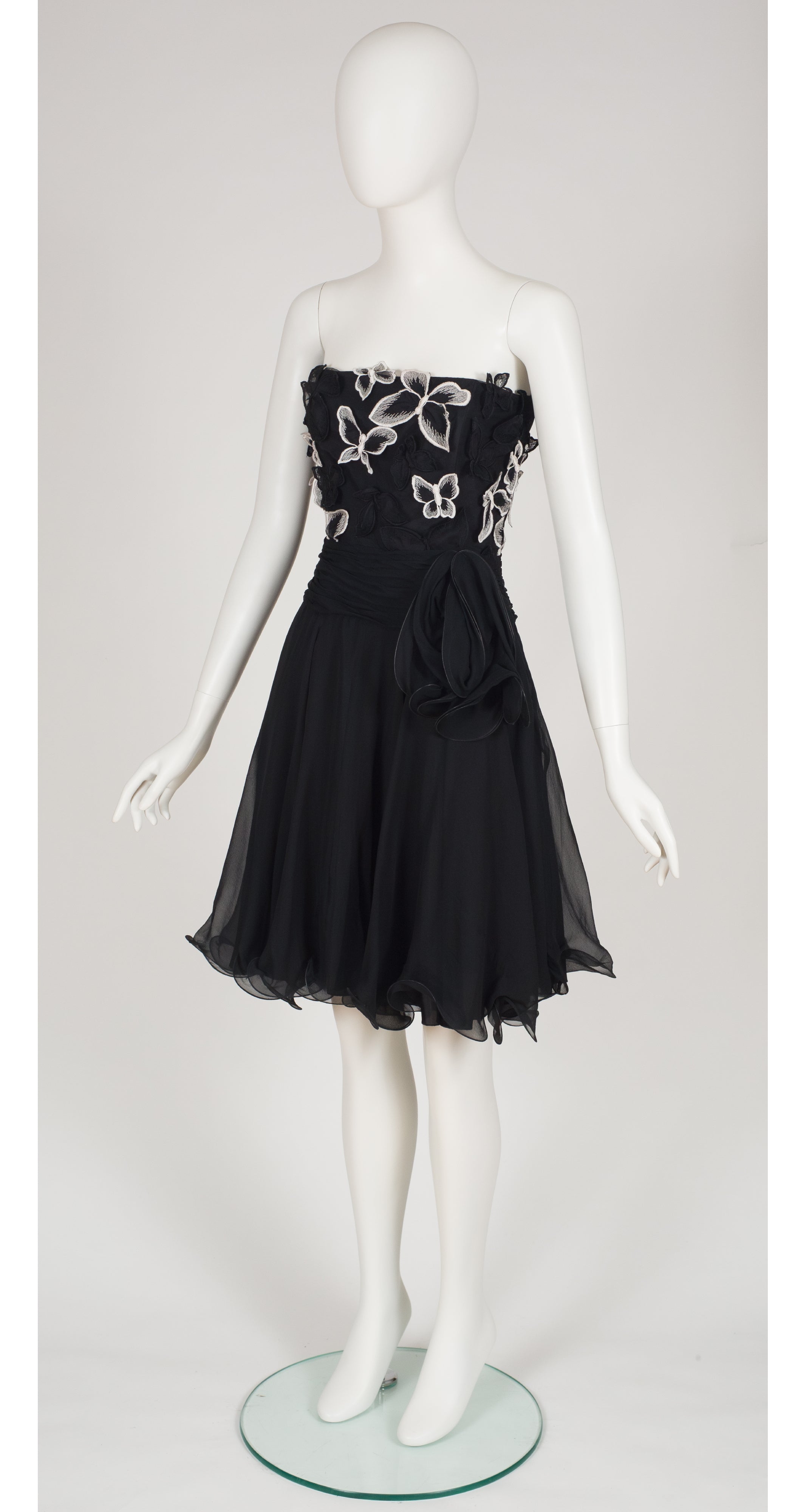 1990s Butterfly Appliqué Black Silk Chiffon Party Dress