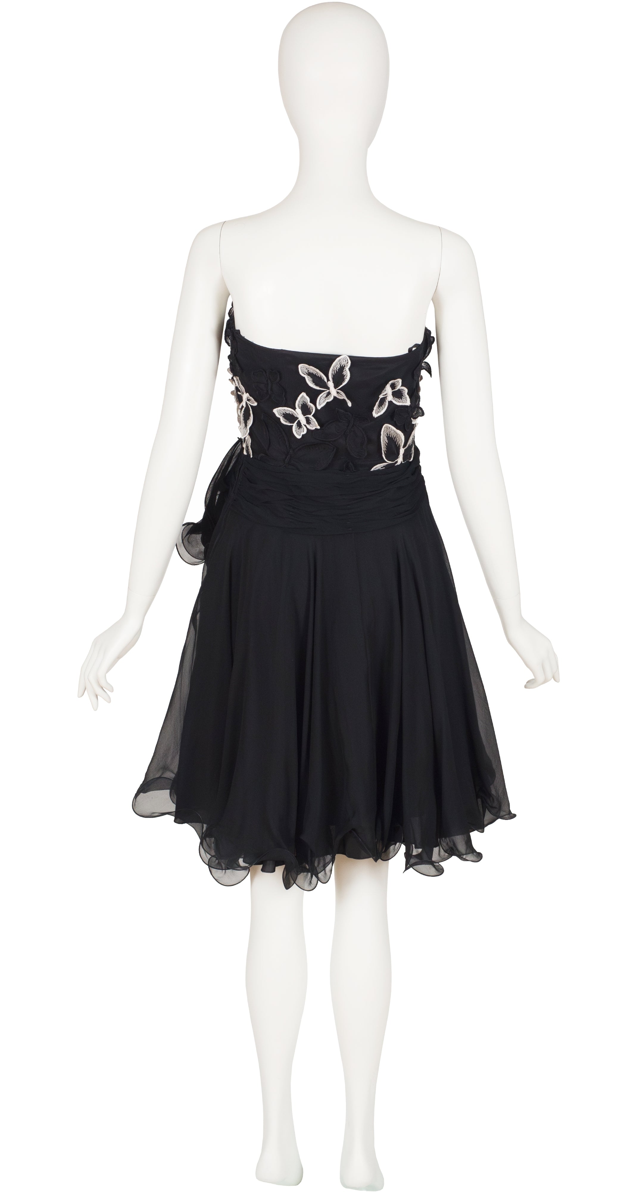1990s Butterfly Appliqué Black Silk Chiffon Party Dress