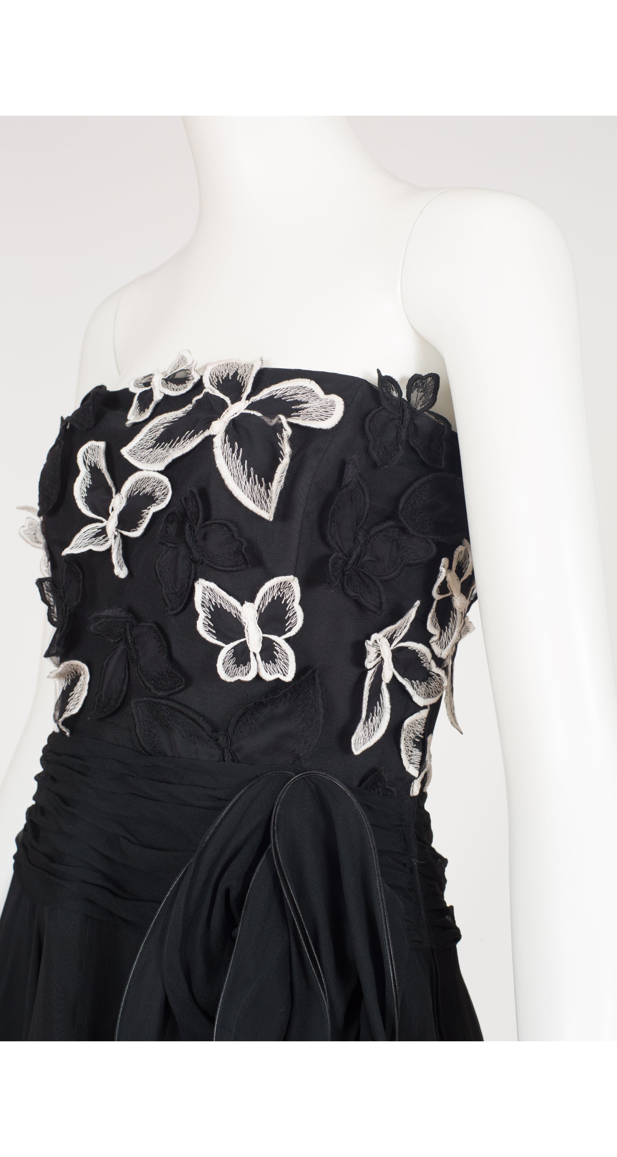1990s Butterfly Appliqué Black Silk Chiffon Party Dress