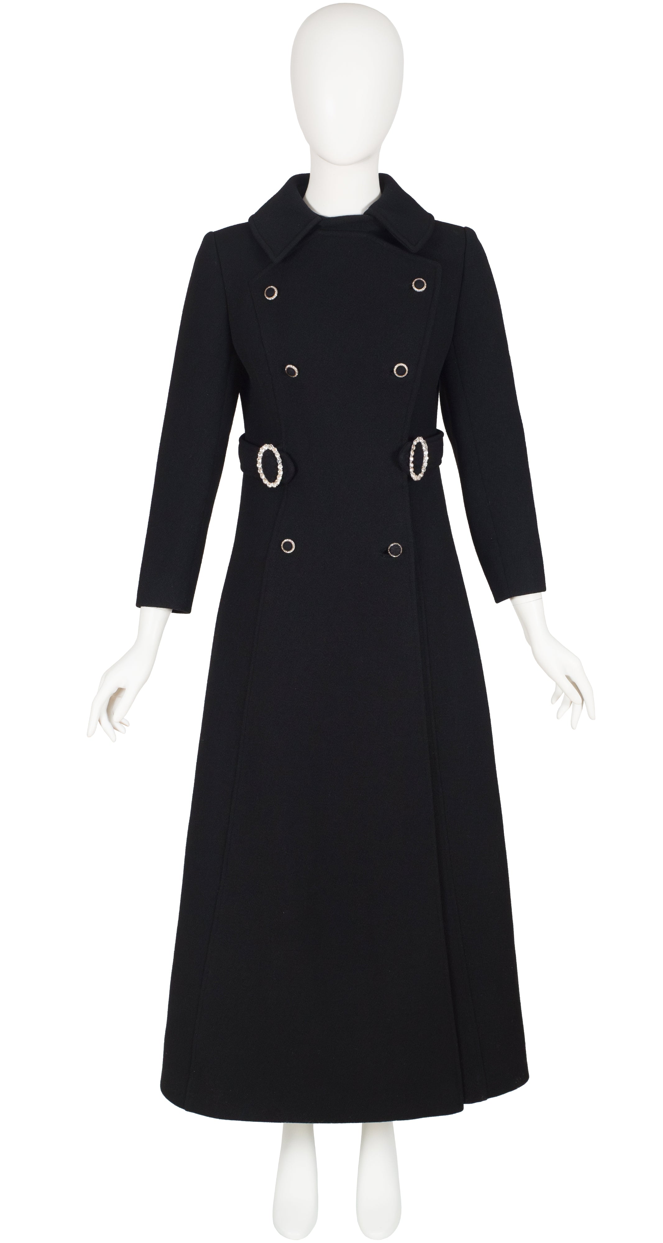 1960s Rhinestone Button Black Wool Double-Breasted Maxi Coat