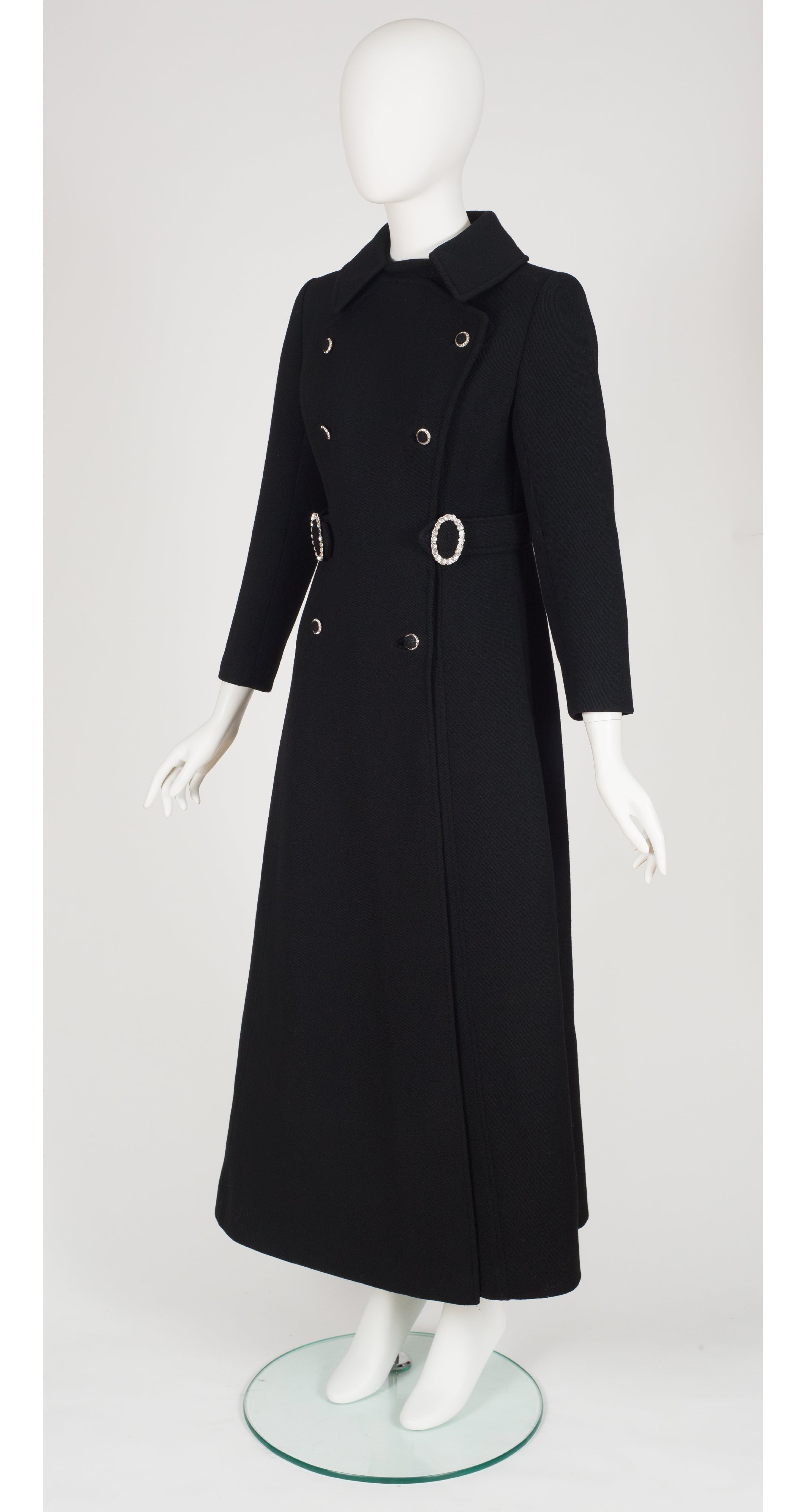 1960s Rhinestone Button Black Wool Double-Breasted Maxi Coat