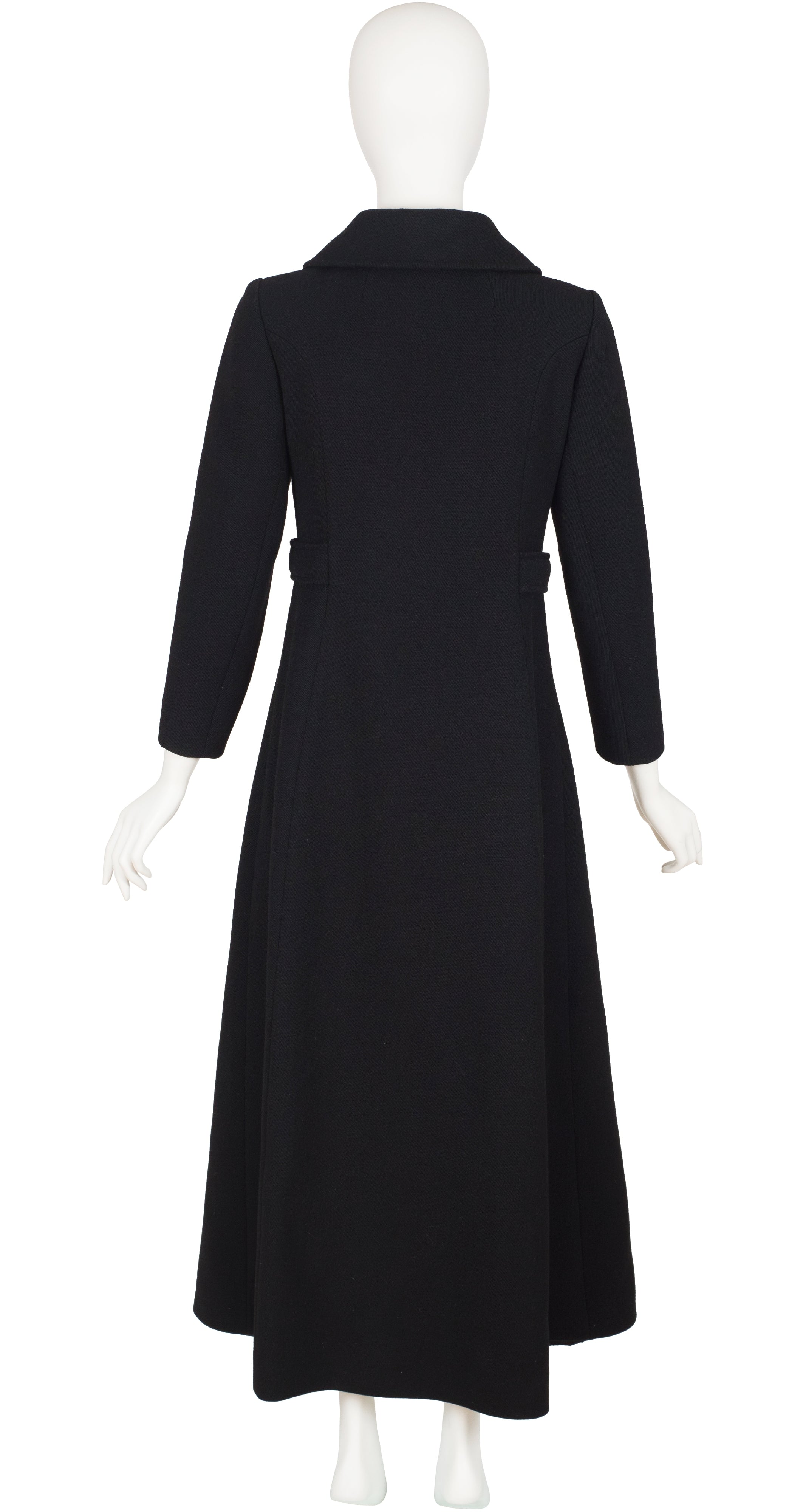 1960s Rhinestone Button Black Wool Double-Breasted Maxi Coat