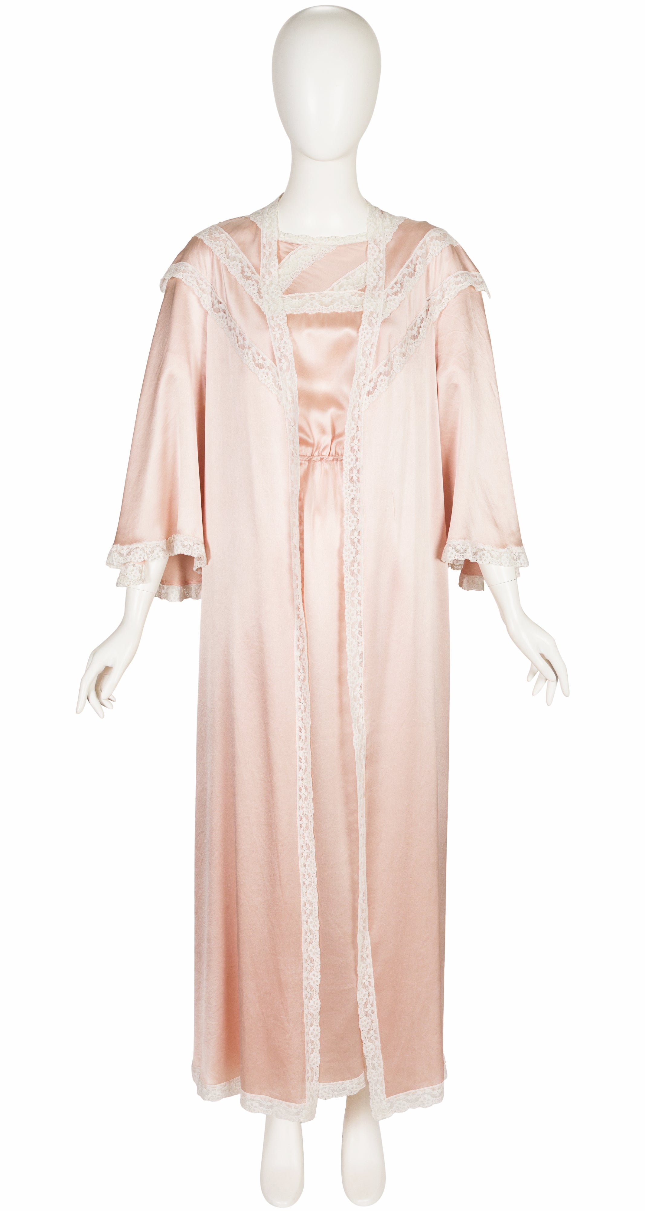 1980s Blush Silk Lace Trim Nightgown & Peignoir Lingerie Set