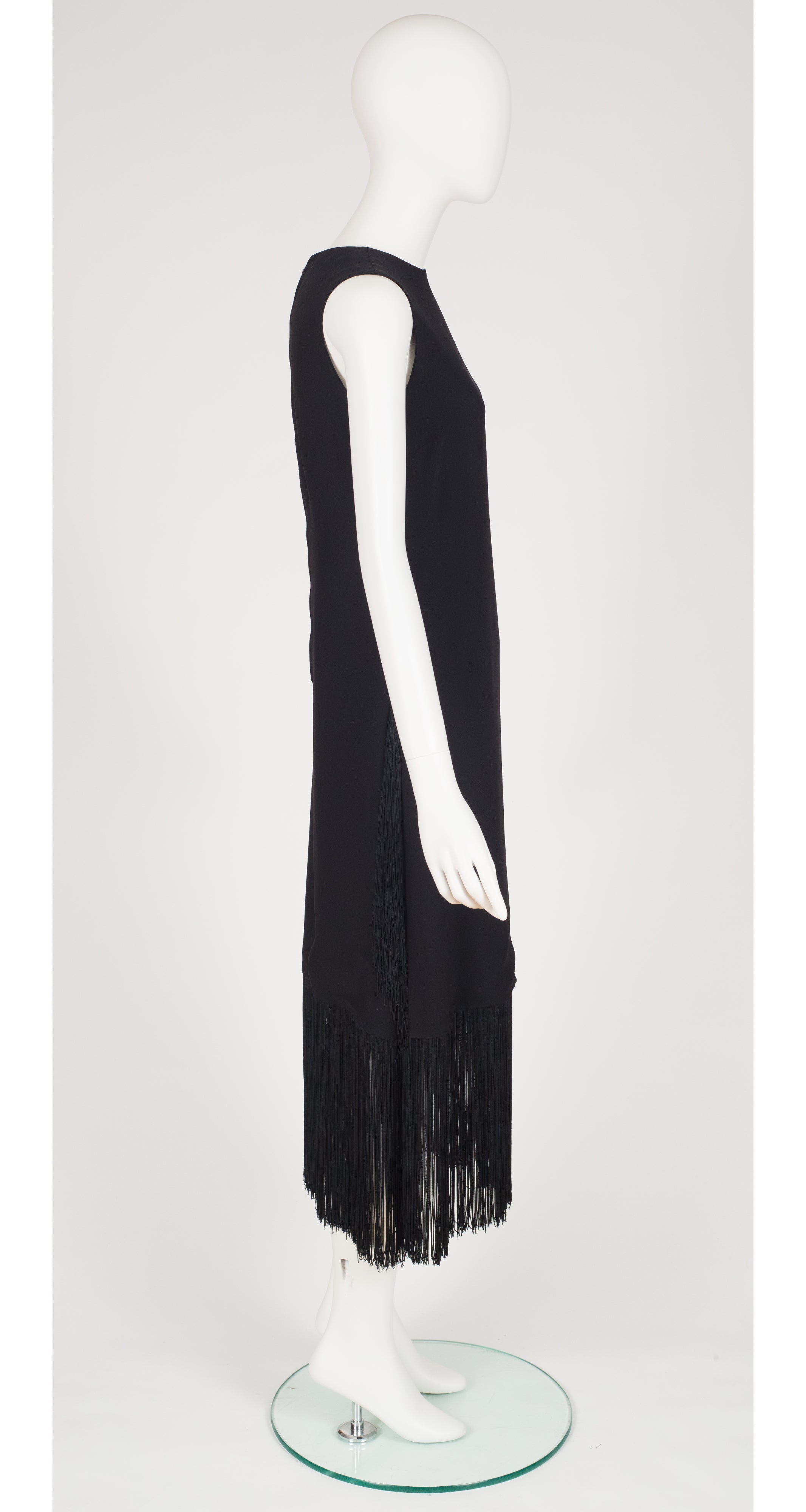 1960s Black Crepe & Fringe Evening Dress