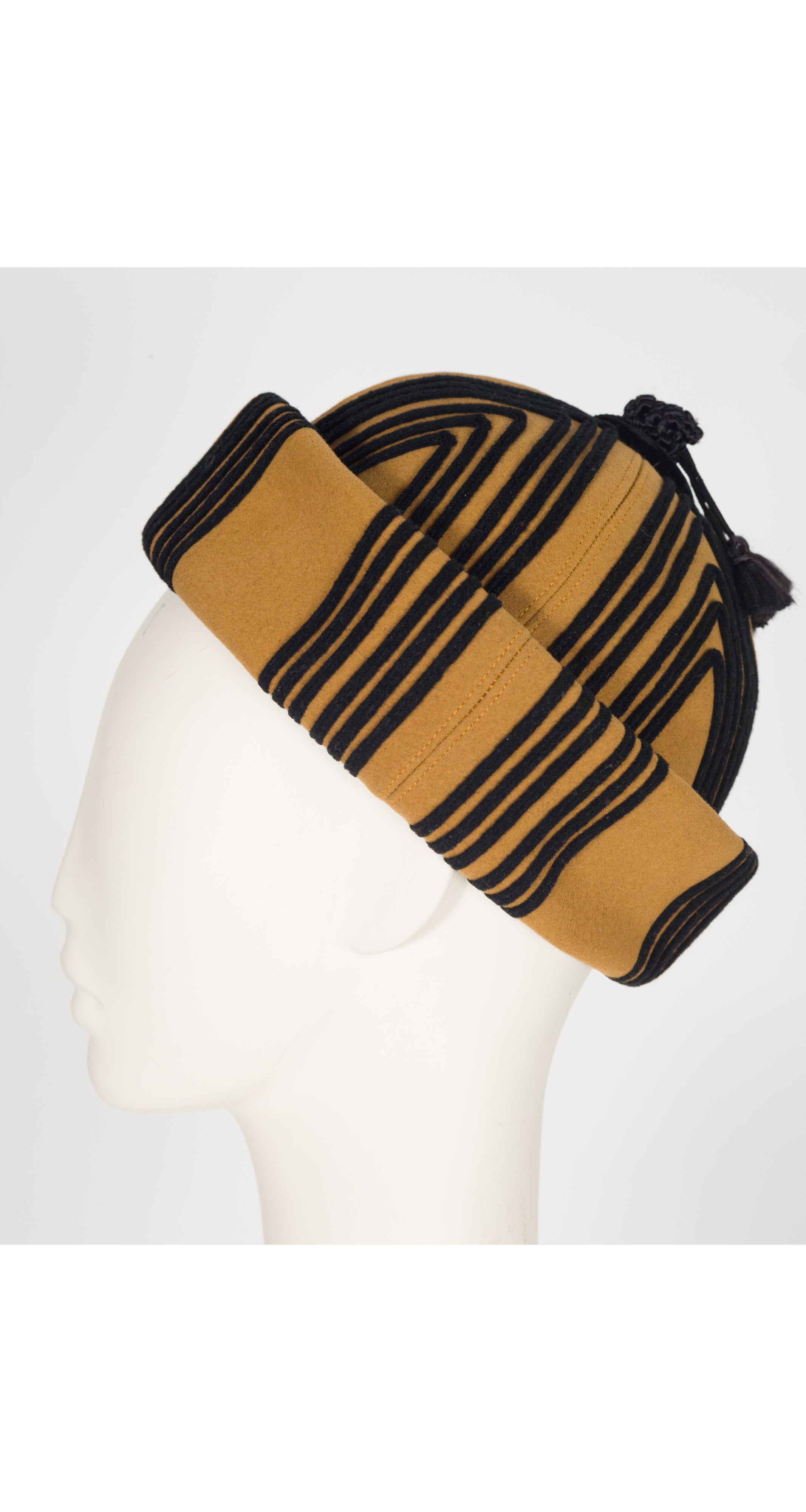 1960s Camel Wool Felt Tassel Pillbox Hat