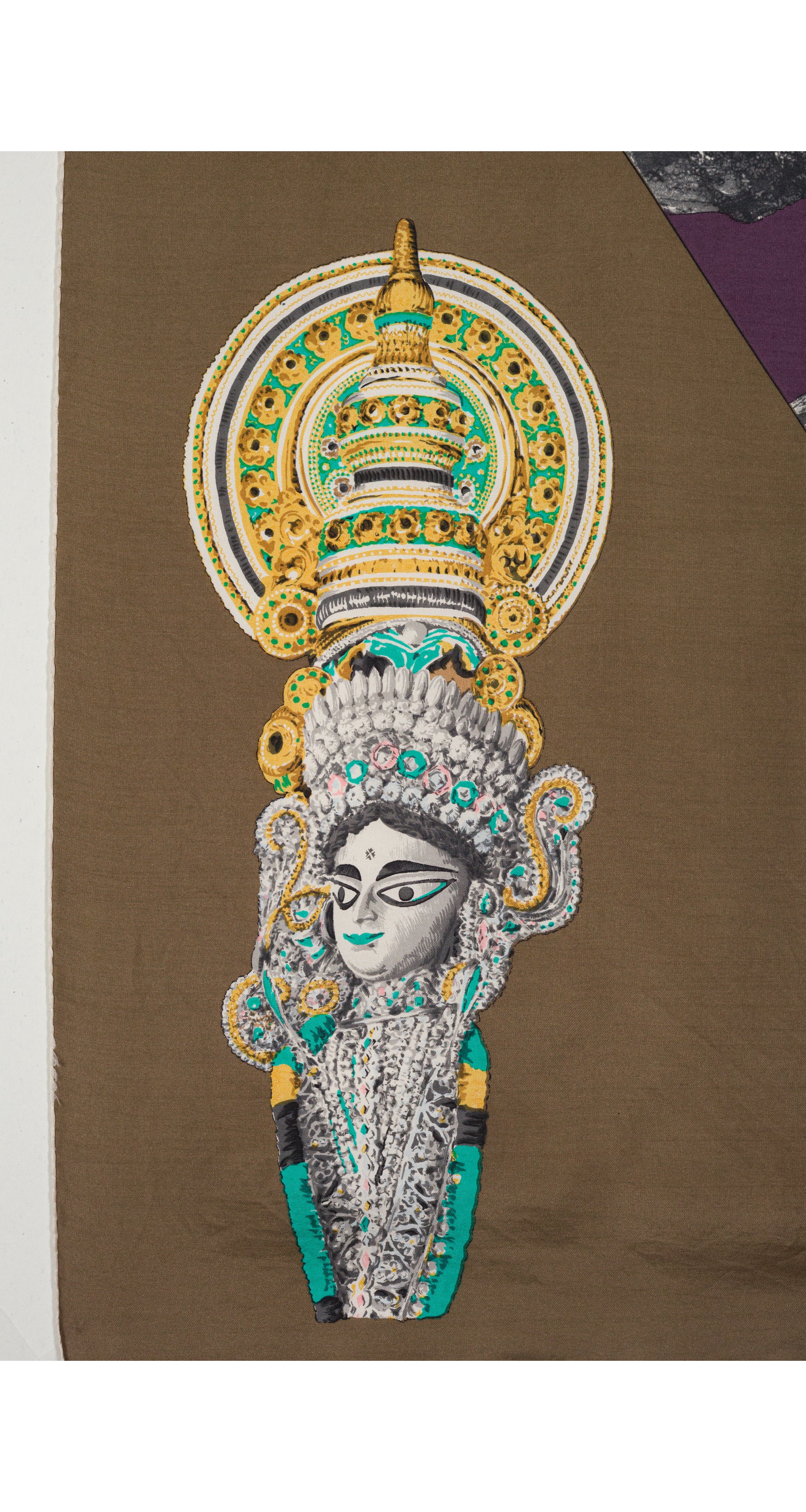1950s Deity Print Olive & Aubergine Silk Twill Scarf
