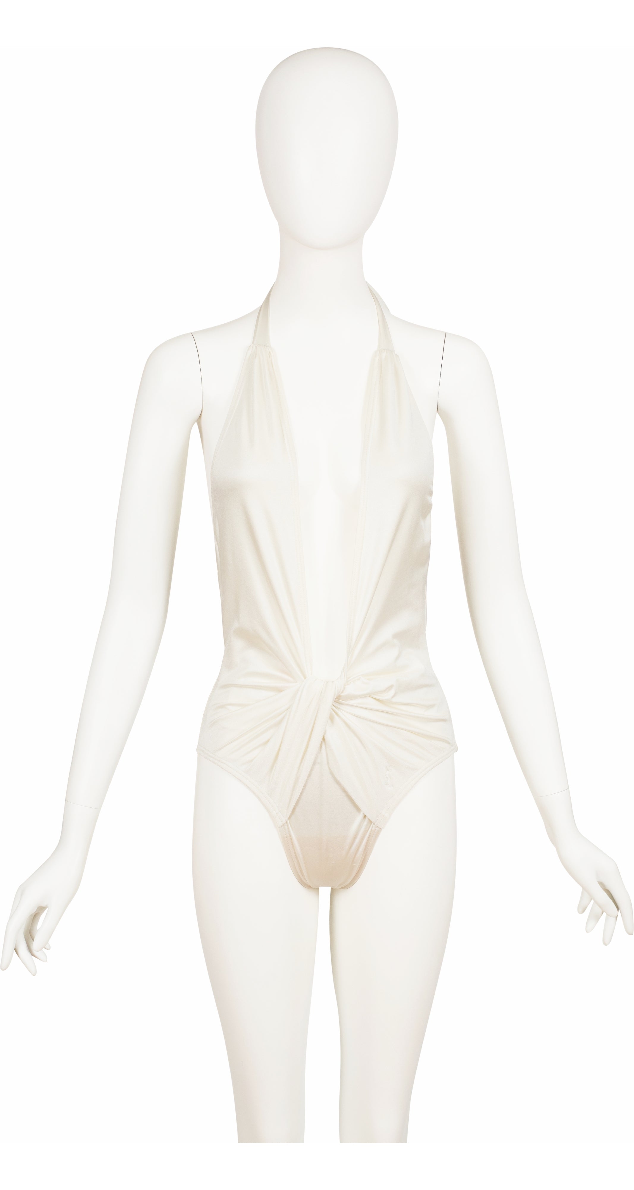 1980s White Plunge Neck One-Piece Swimsuit