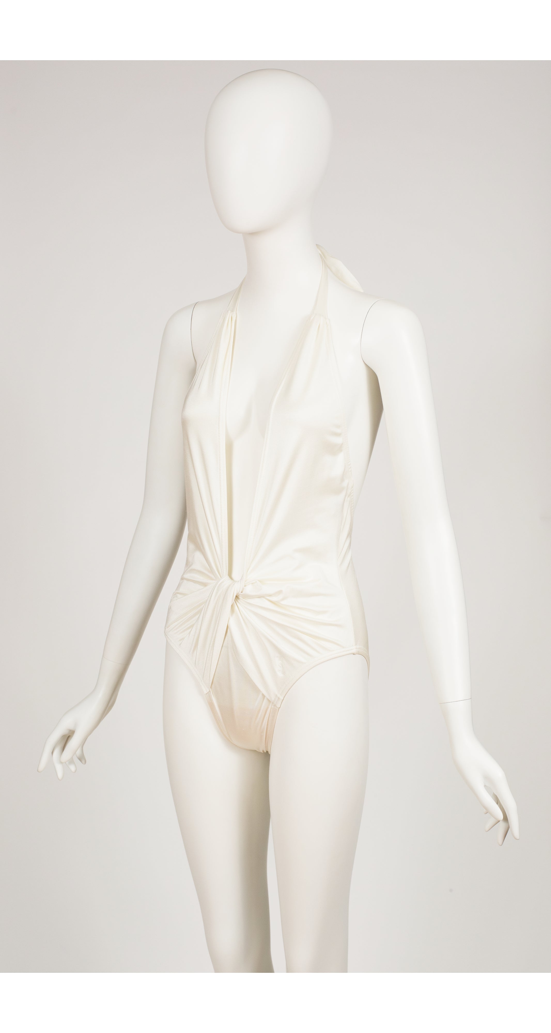 1980s White Plunge Neck One-Piece Swimsuit
