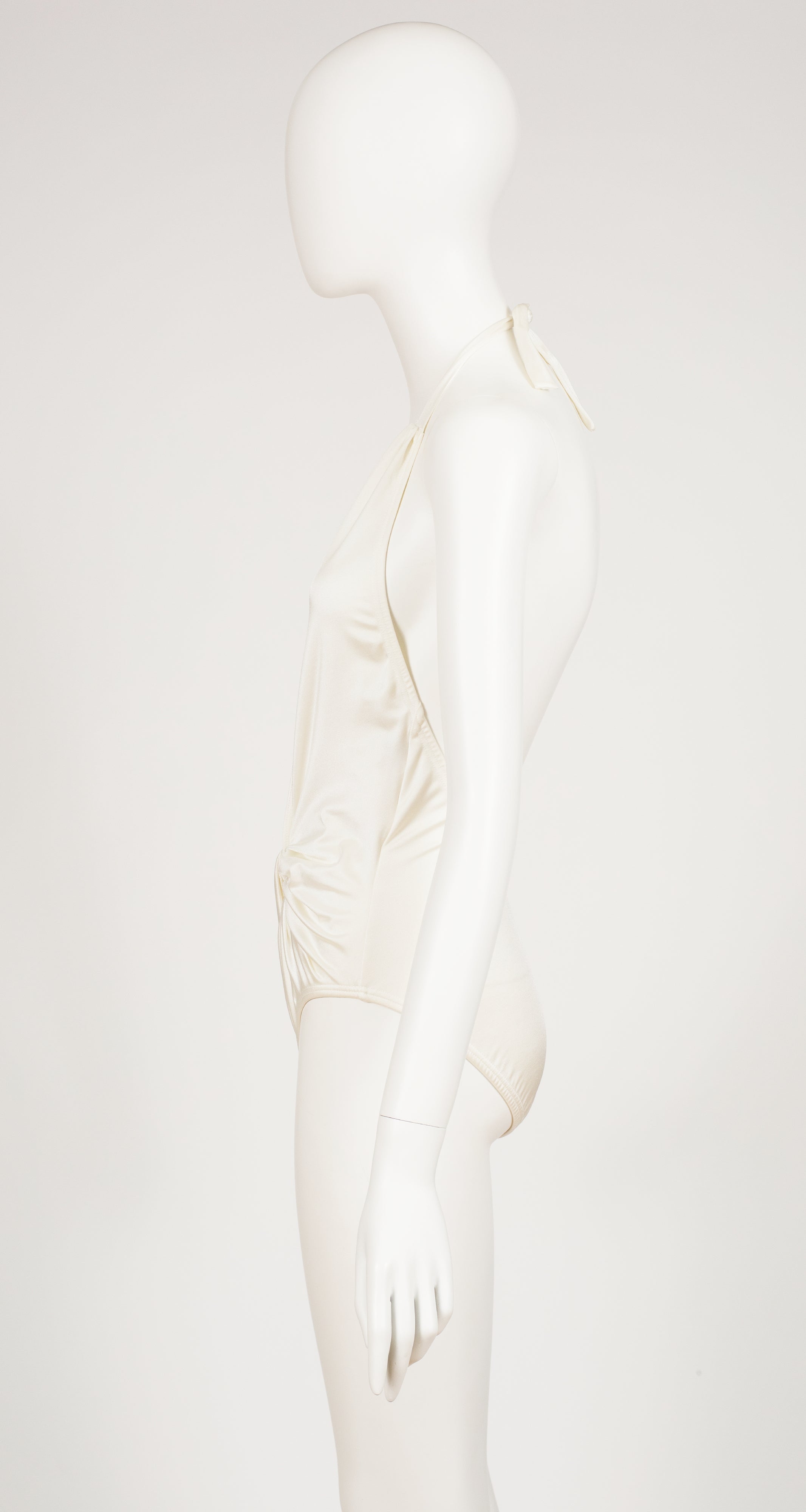 1980s White Plunge Neck One-Piece Swimsuit