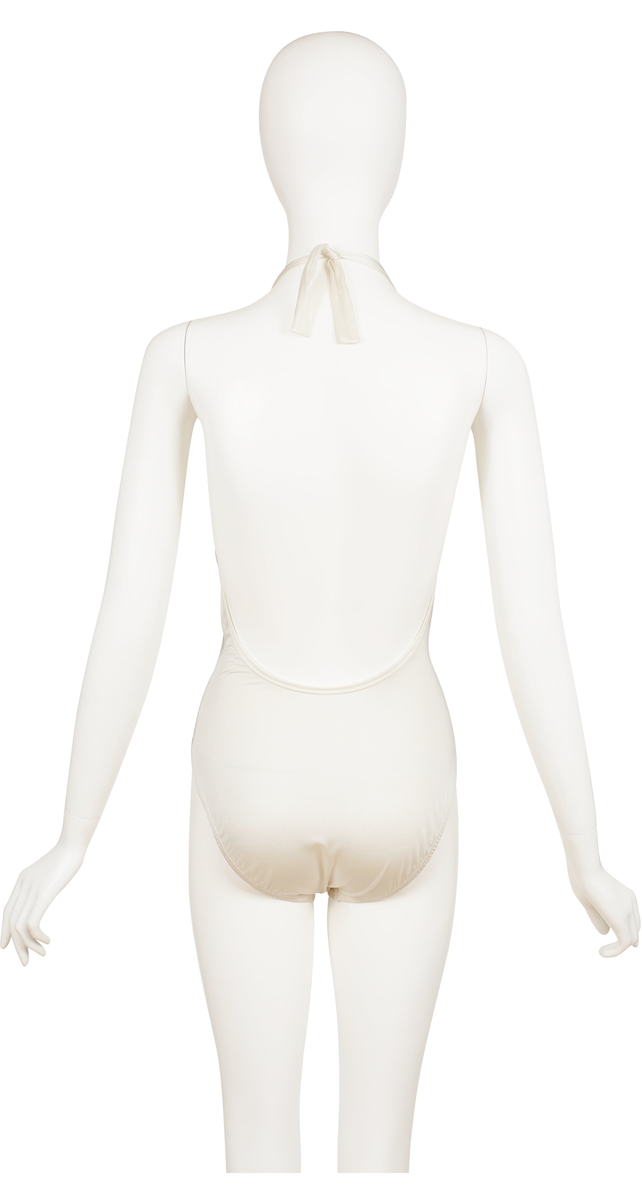 1980s White Plunge Neck One-Piece Swimsuit