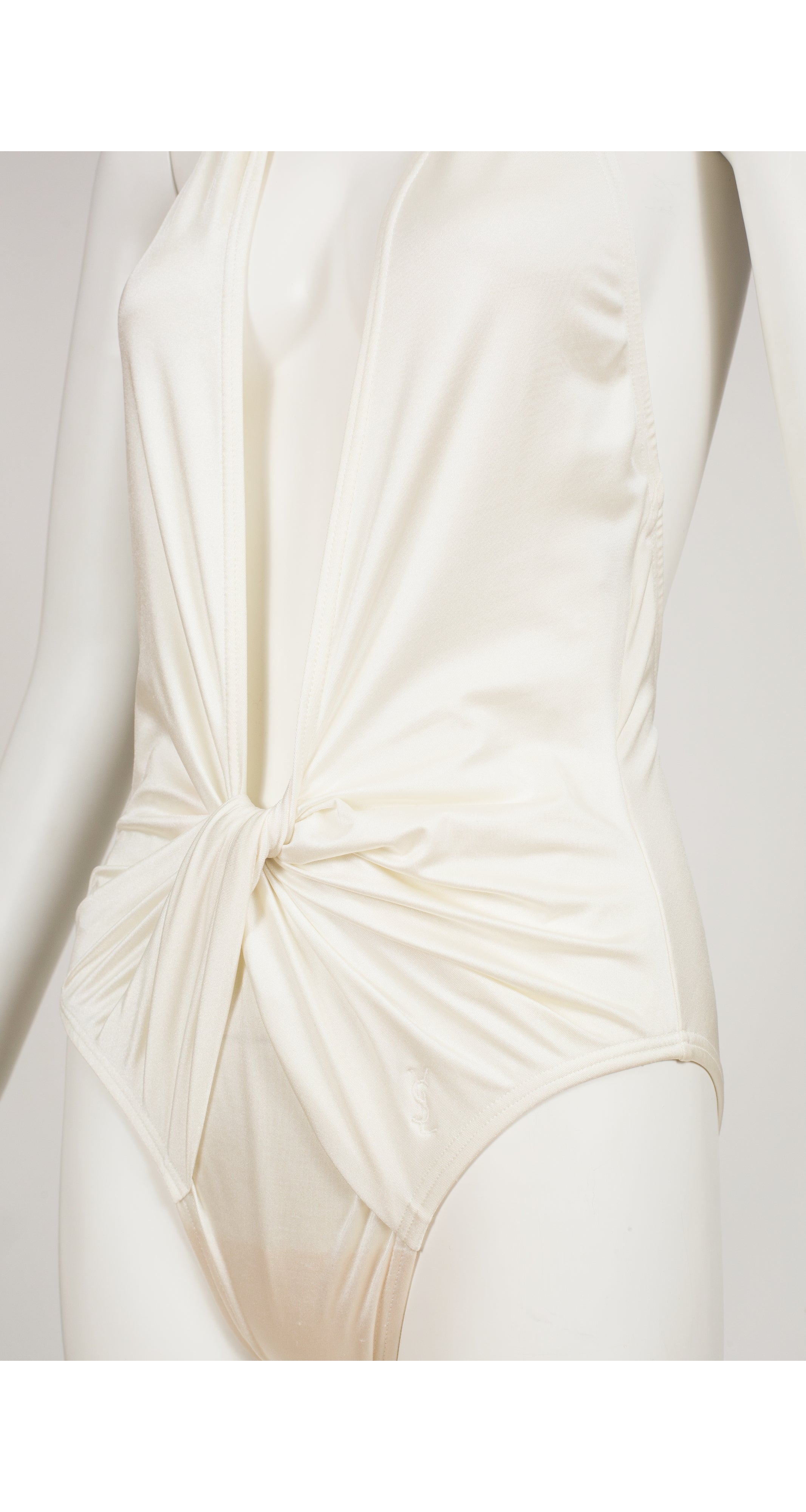 1980s White Plunge Neck One-Piece Swimsuit