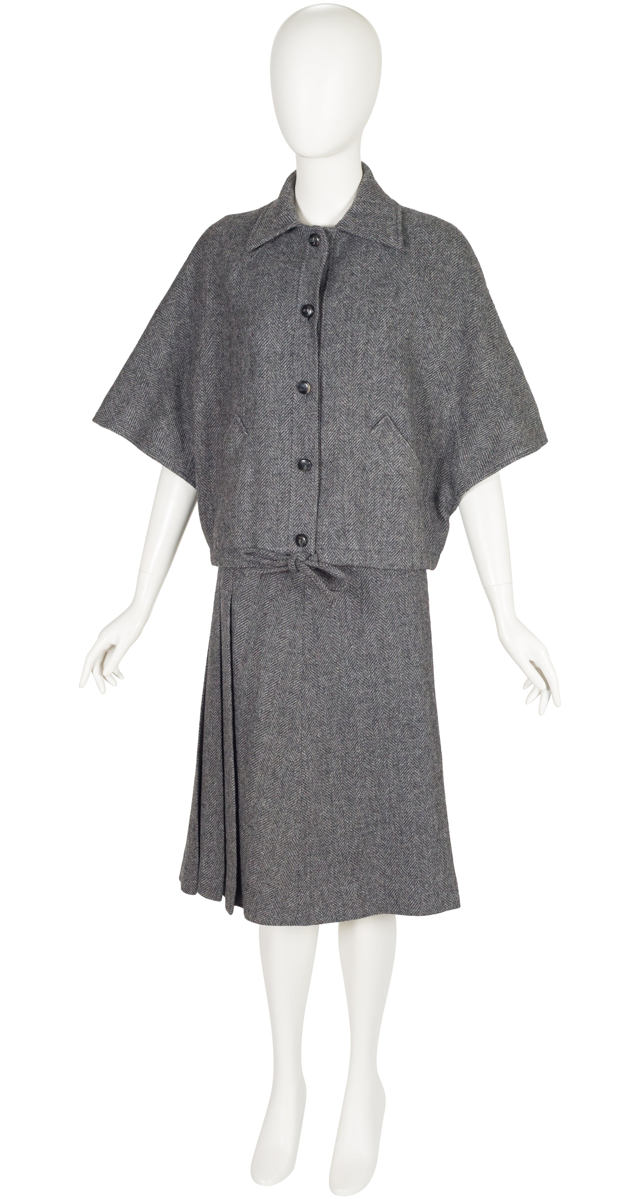 1970s Gray Herringbone Wool Capelet Three-Piece Set