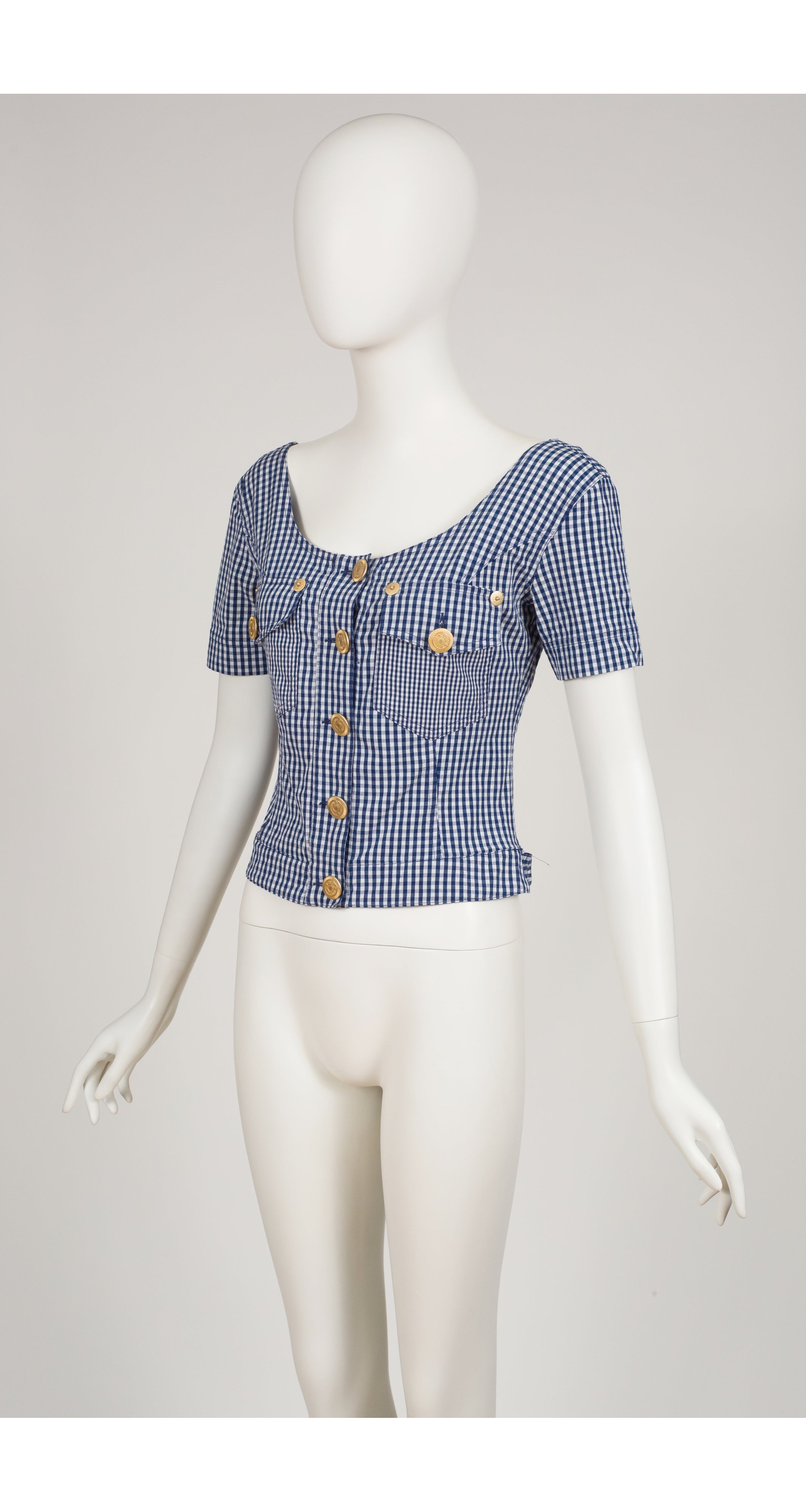 1990s Blue Gingham Cotton Short Sleeve Top
