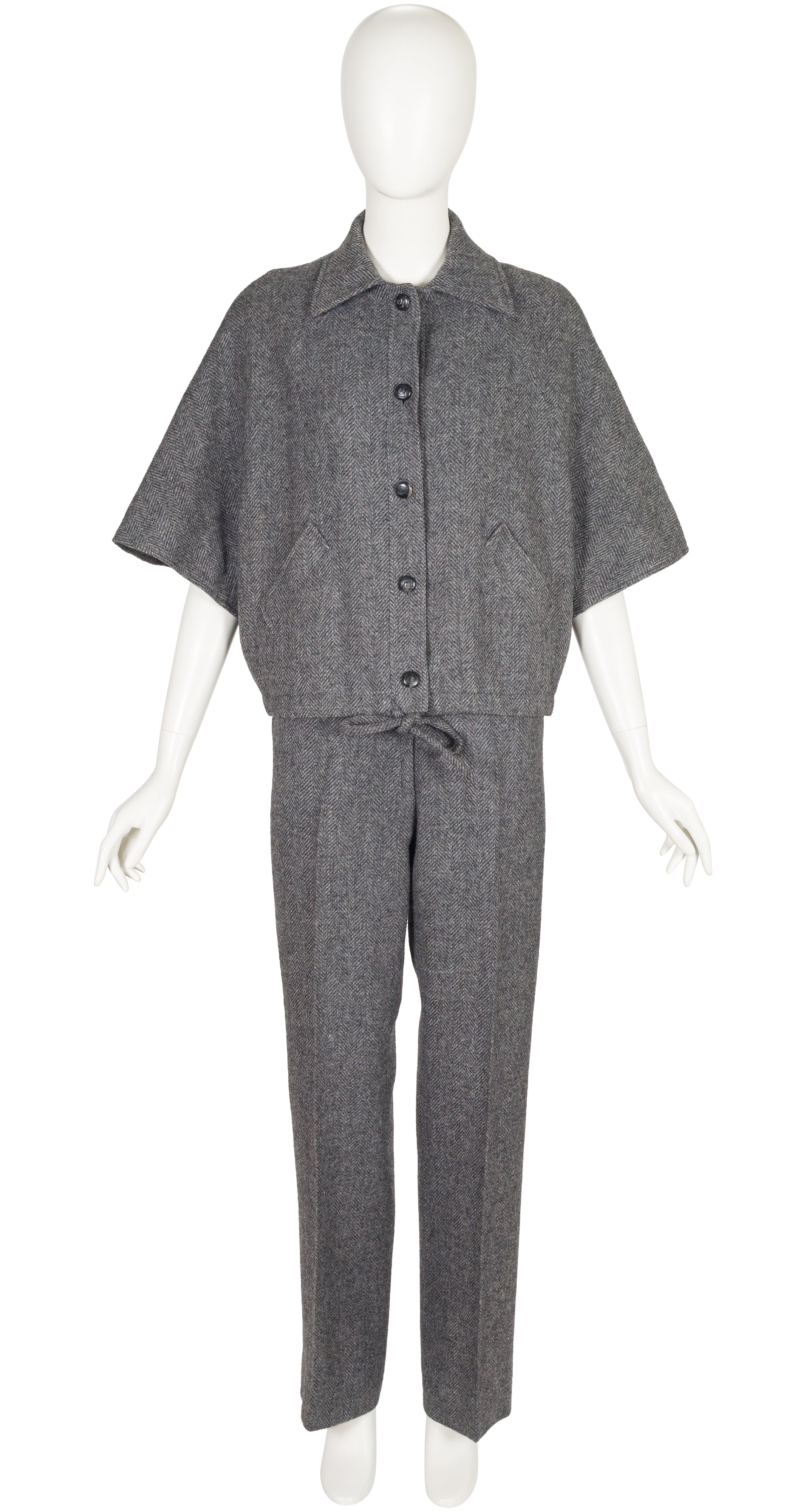 1970s Gray Herringbone Wool Capelet Three-Piece Set