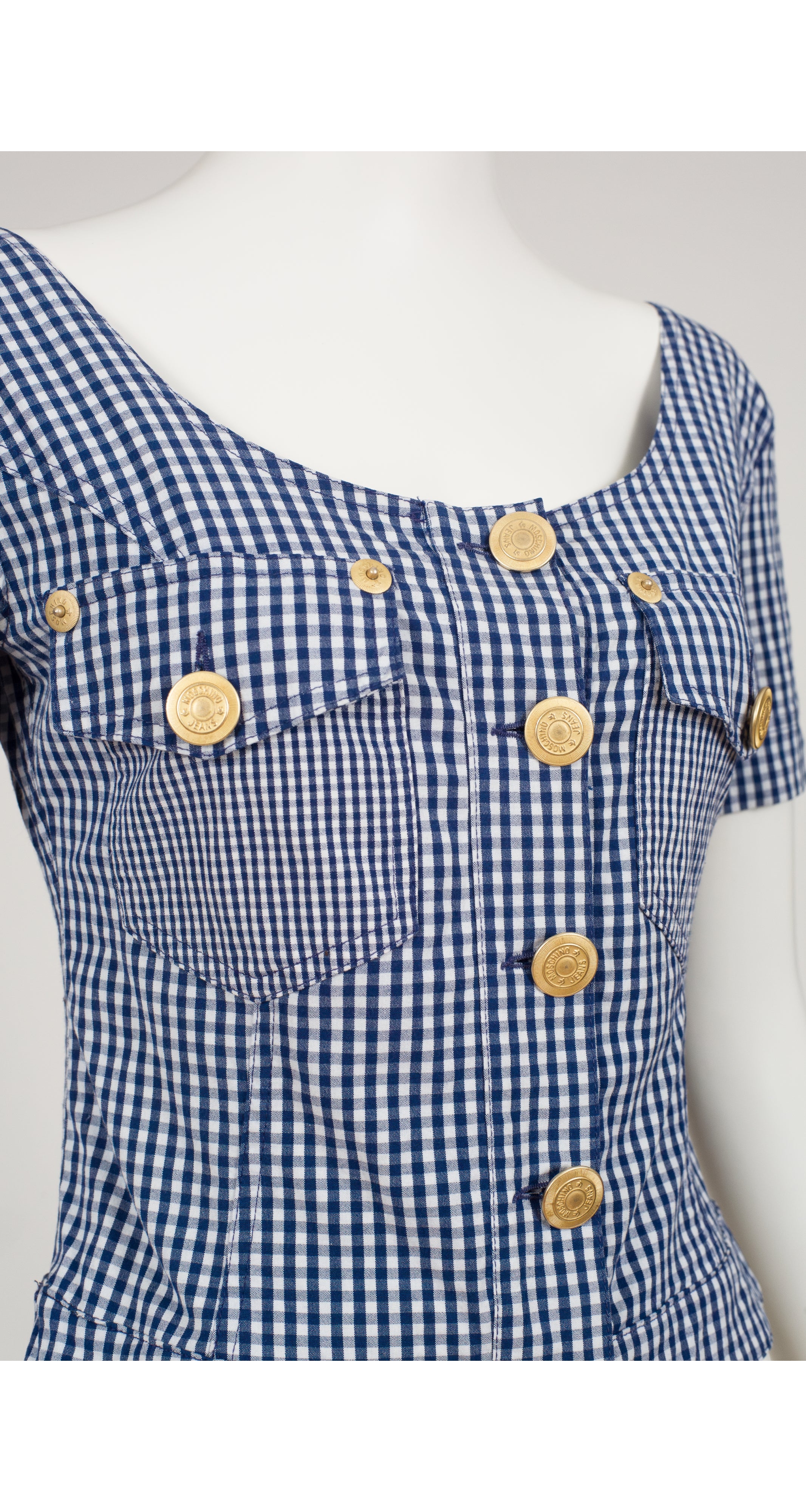 1990s Blue Gingham Cotton Short Sleeve Top