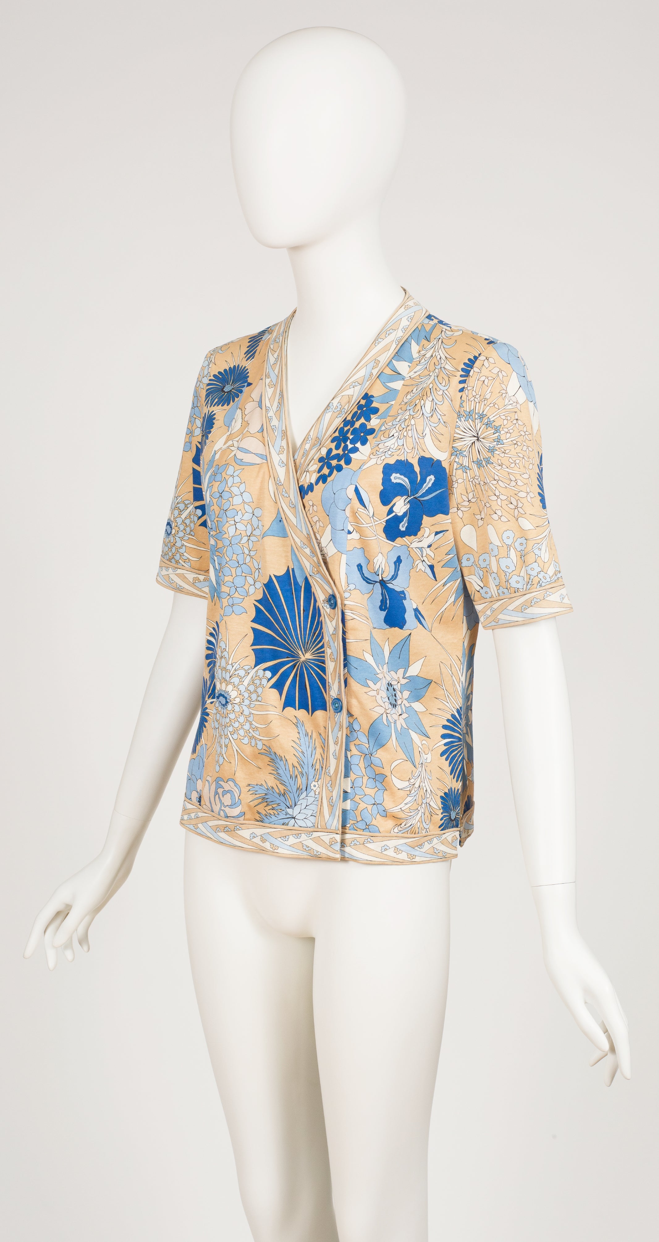 1980s Floral Border Print Cotton Jersey Short Sleeve Top