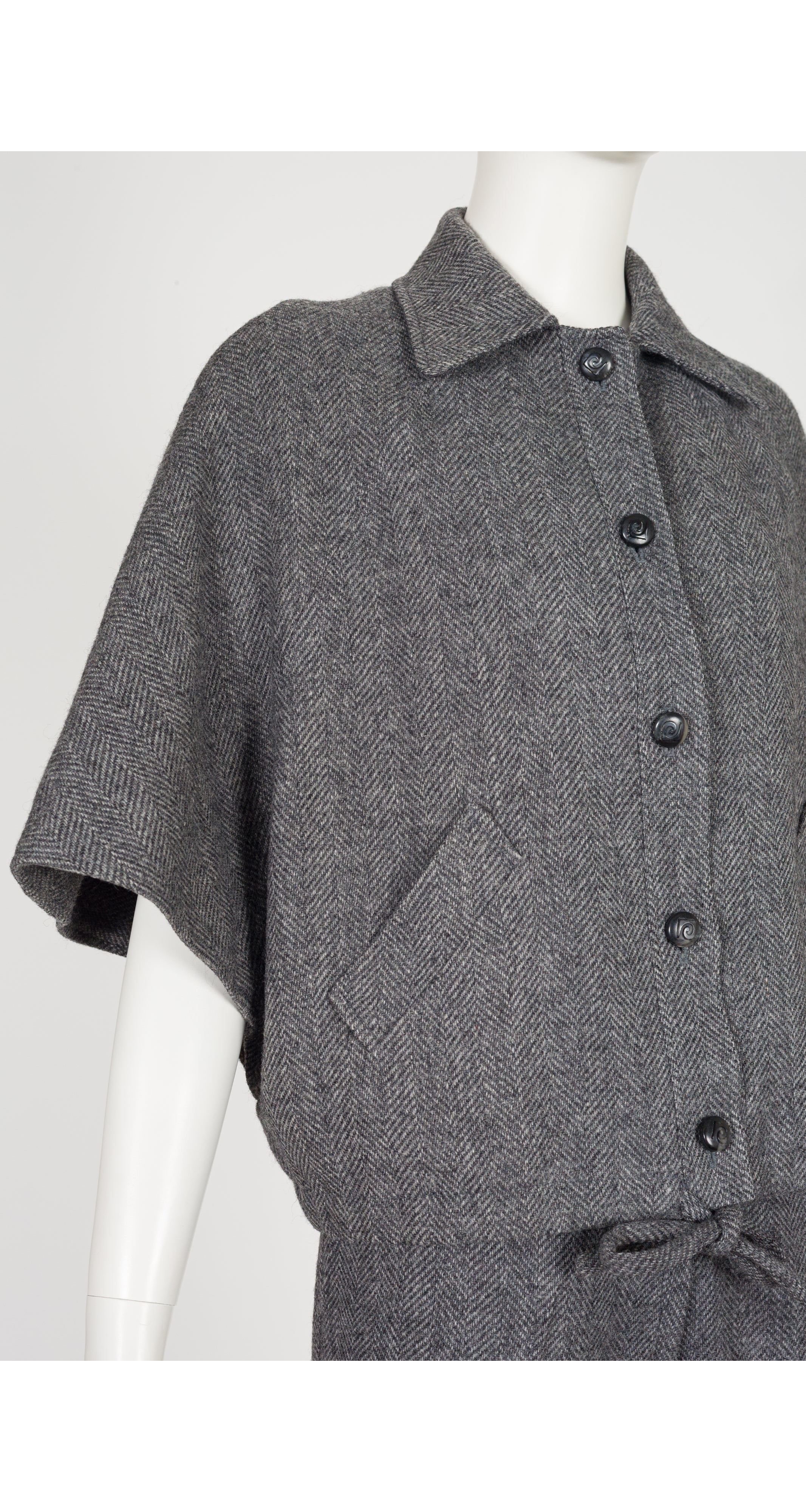 1970s Gray Herringbone Wool Capelet Three-Piece Set