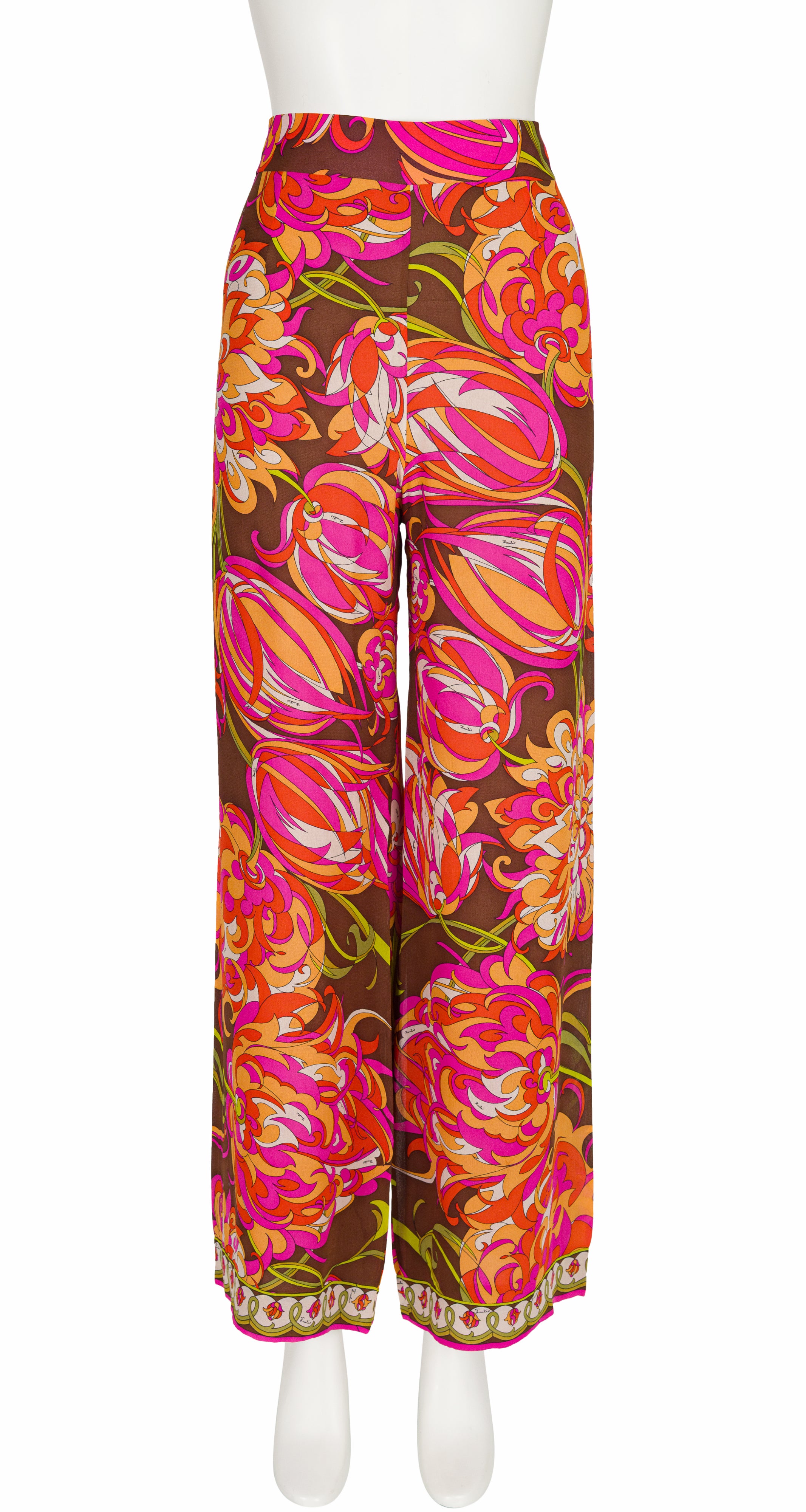 1970s Floral Print Silk Chiffon Wide Leg Pants