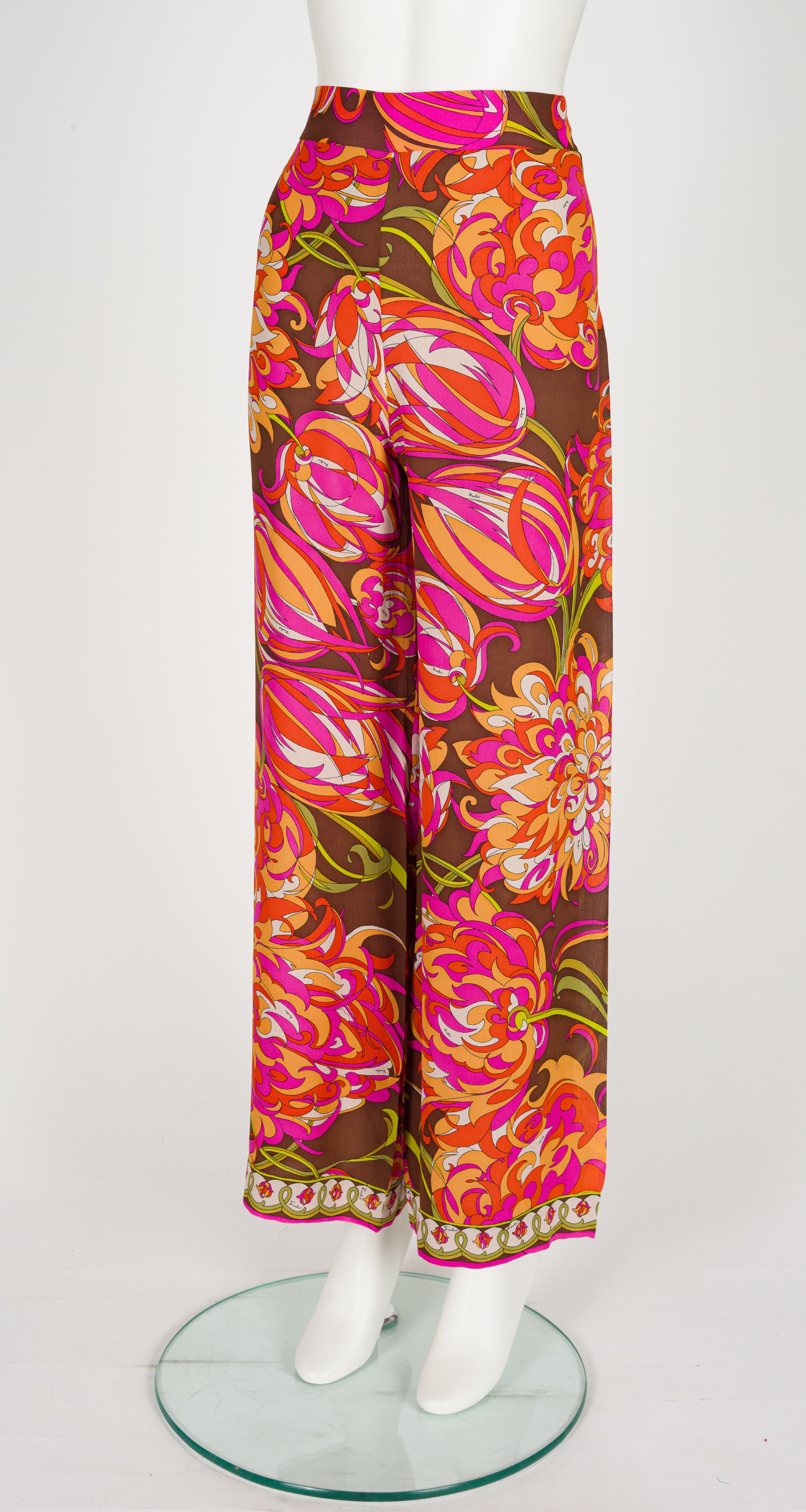 1970s Floral Print Silk Chiffon Wide Leg Pants