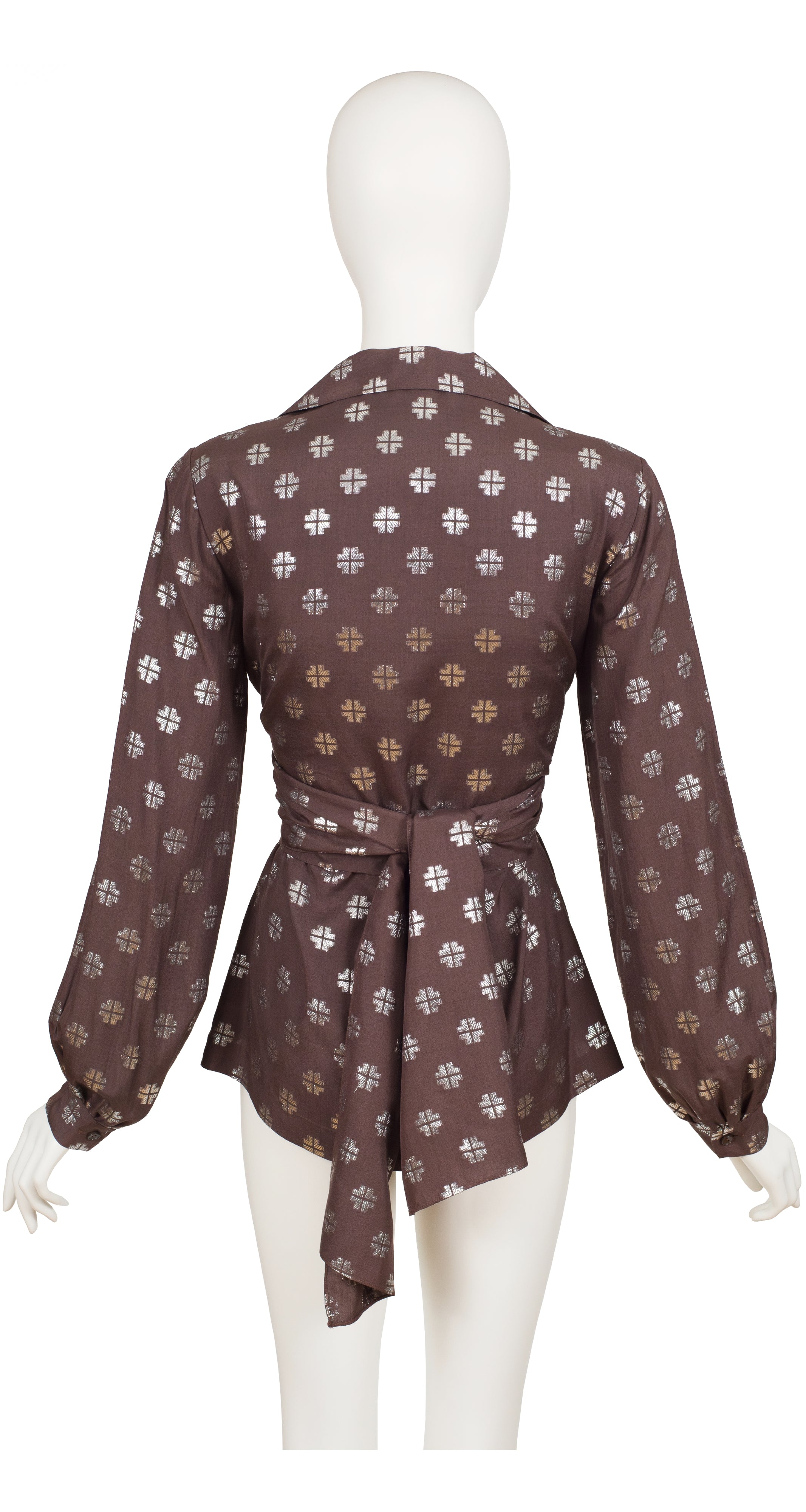 1970s Lurex Monogram Brown Silk Balloon Sleeve Blouse