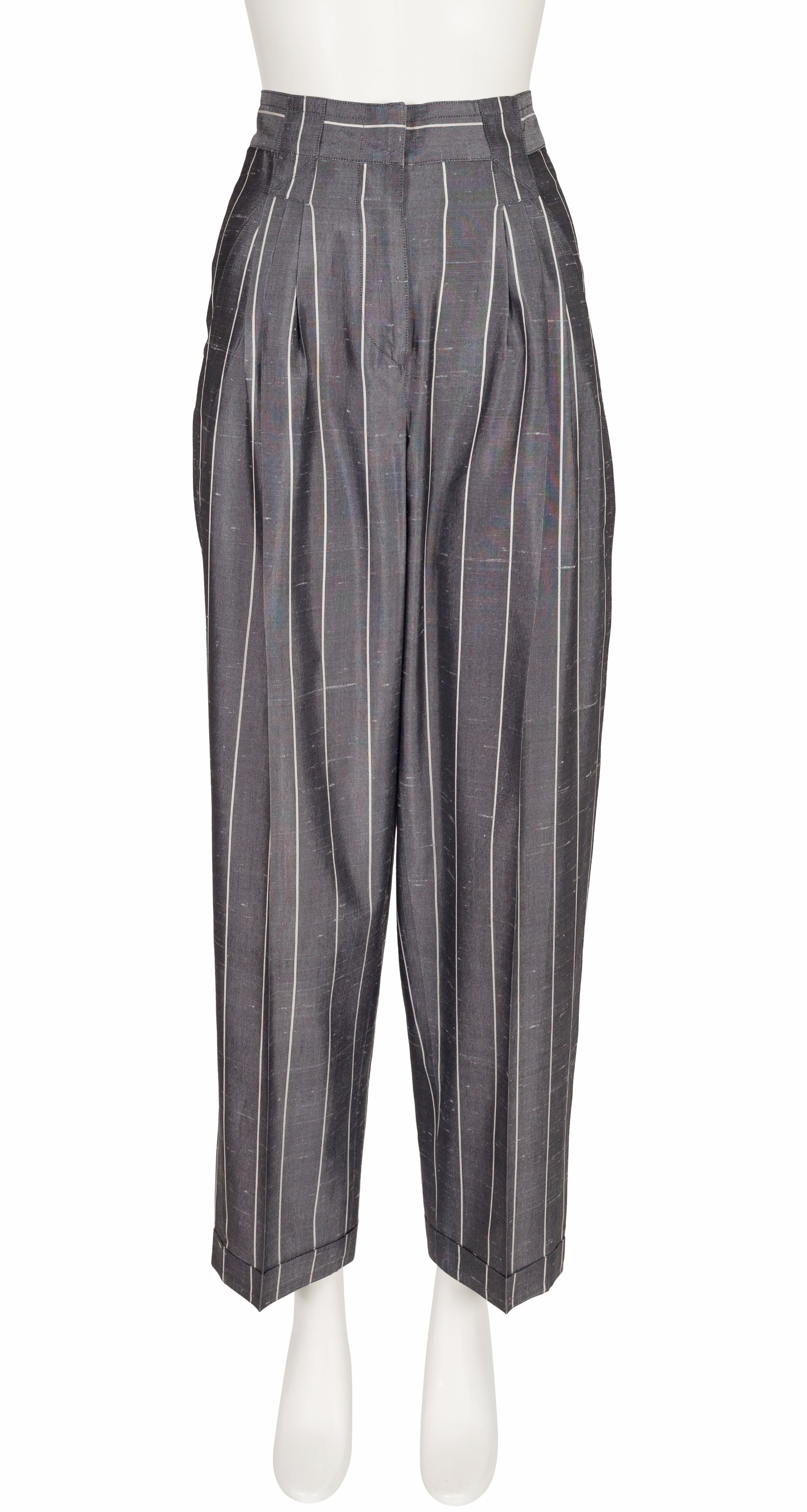 1980s Pinstripe Gray Raw Silk Pleated Trousers