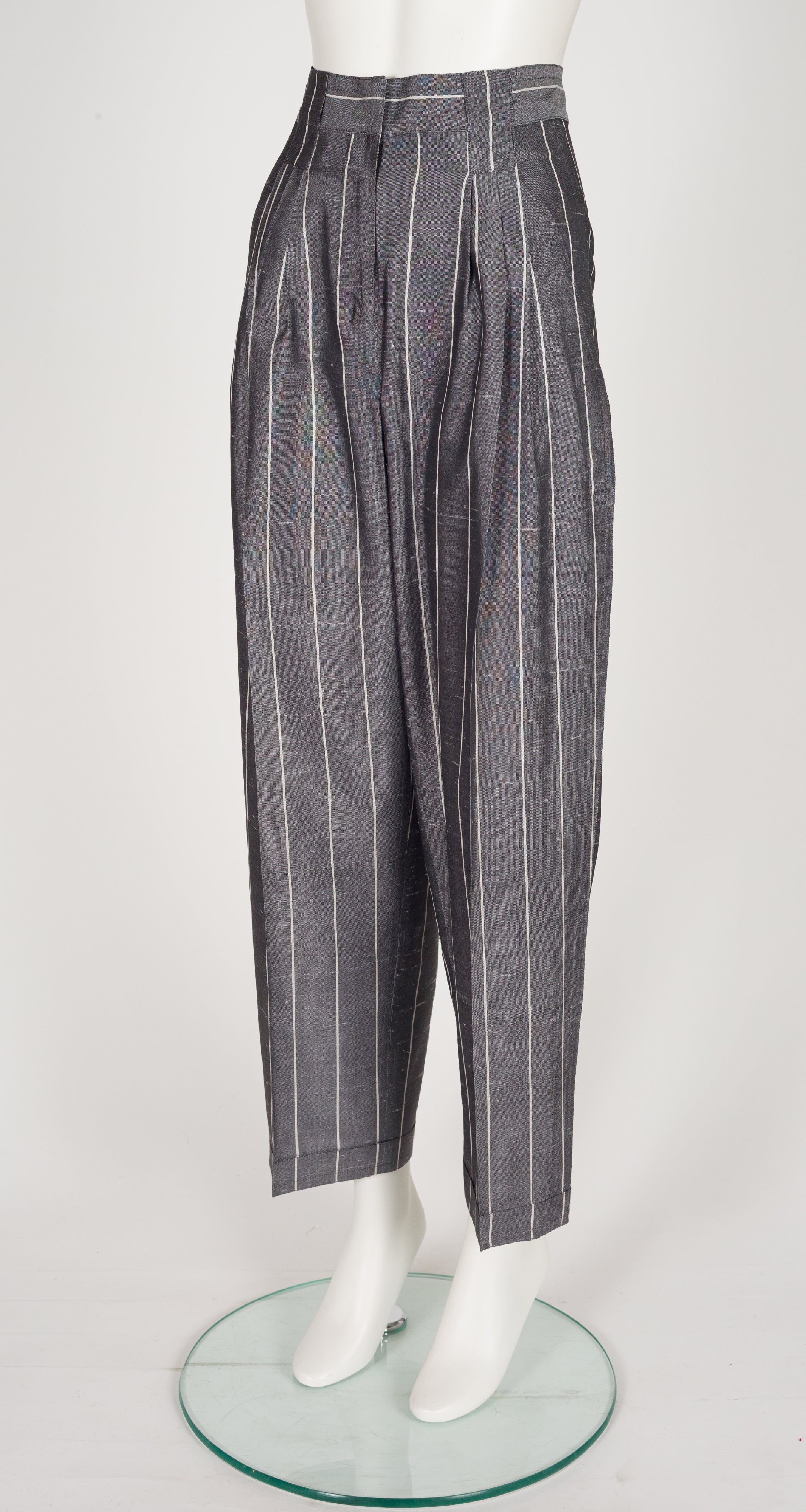 1980s Pinstripe Gray Raw Silk Pleated Trousers